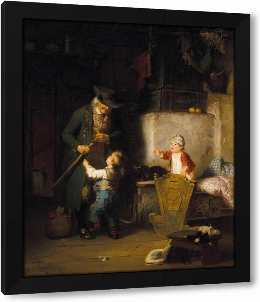 Friedrich Ortlieb 36x44 Huge Black Modern Framed Art Print Titled: Grandfather's Visit