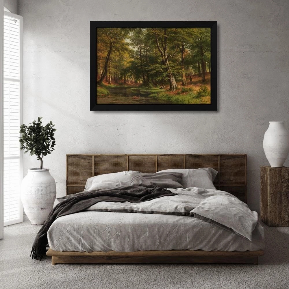 Fritz Ebel 48x32 Huge Black Modern Framed Art Print Titled: Brushwood Gatherers in the Buchenwald (1892)