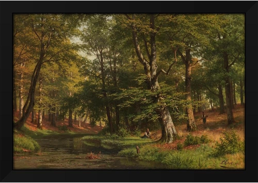 Fritz Ebel 48x32 Huge Black Modern Framed Art Print Titled: Brushwood Gatherers in the Buchenwald (1892)