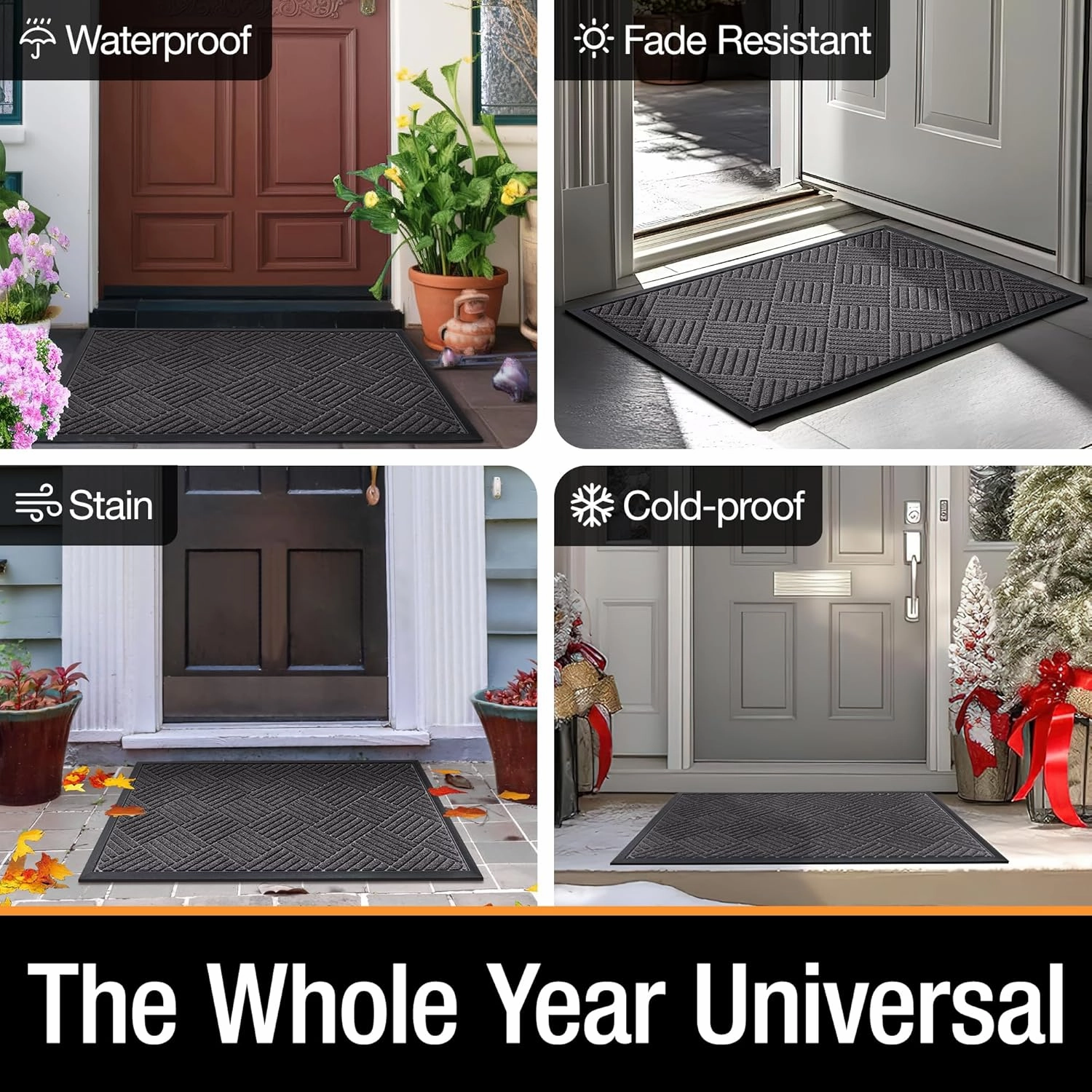 Front Door Mat Outside Entrance, Indoor Outdoor Low Profile Rubber Doormat, Waterproof Heavy Duty Patio Mat, Fade Resistant, Easy Clean All-Weather Durable, 24x35 inch Drainage Design Dark Grey