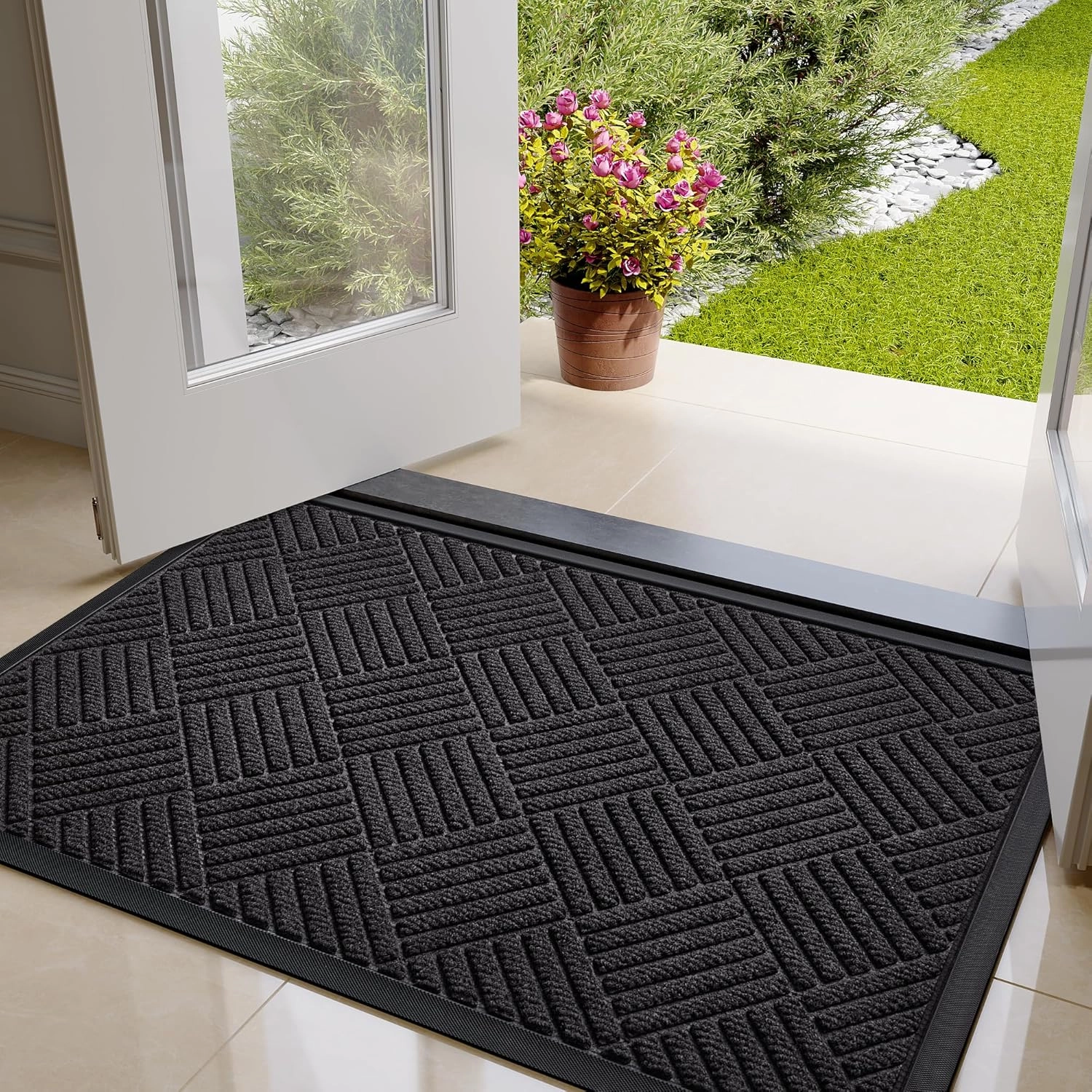 Front Door Mat Outside Entrance, Indoor Outdoor Low Profile Rubber Doormat, Waterproof Heavy Duty Patio Mat, Fade Resistant, Easy Clean All-Weather Durable, 24x35 inch Drainage Design Dark Grey