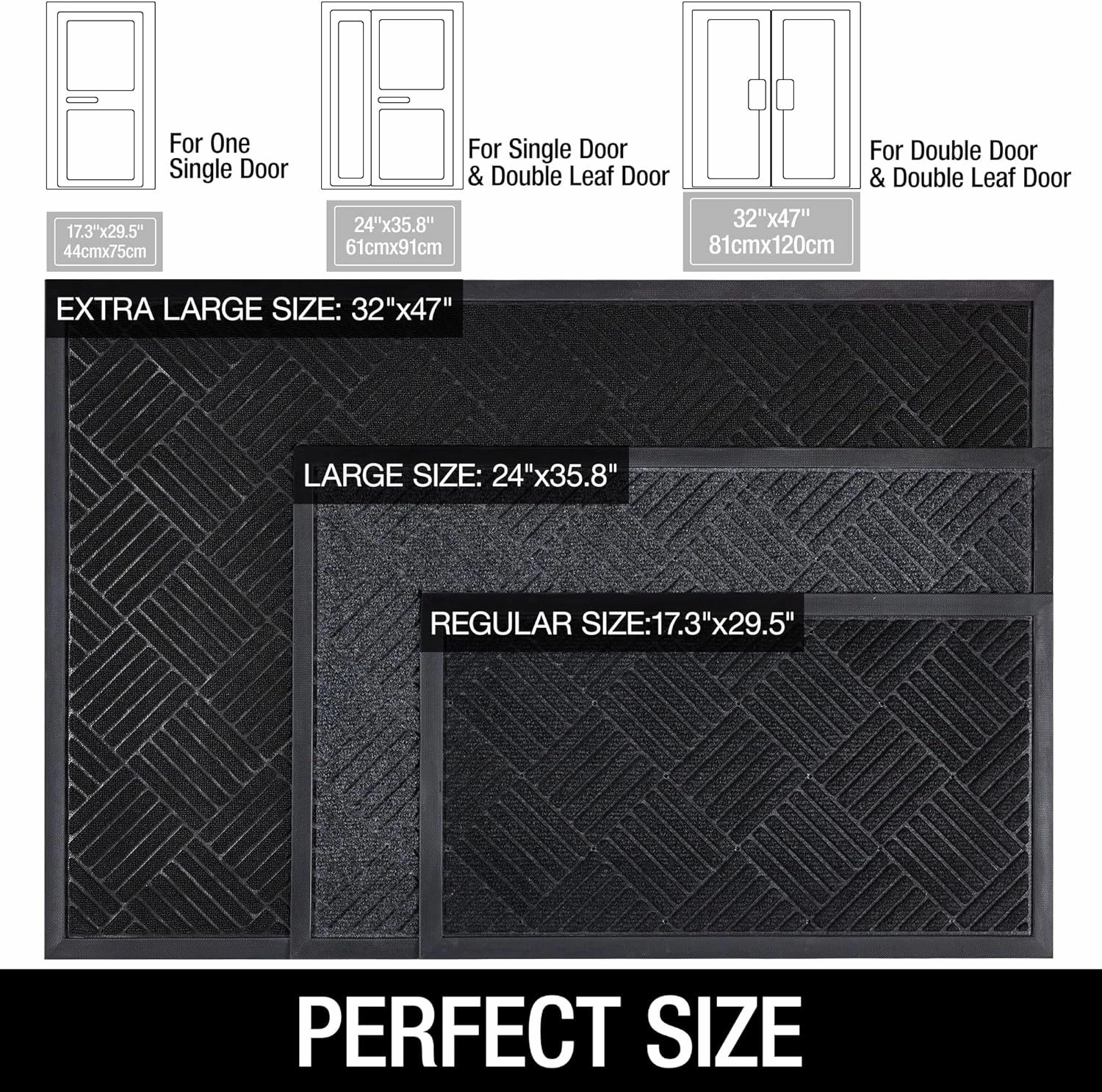 Front Door Mat Outside Entrance, Indoor Outdoor Low Profile Rubber Doormat, Waterproof Heavy Duty Patio Mat, Fade Resistant, Easy Clean All-Weather Durable, 24x35 inch Drainage Design Dark Grey