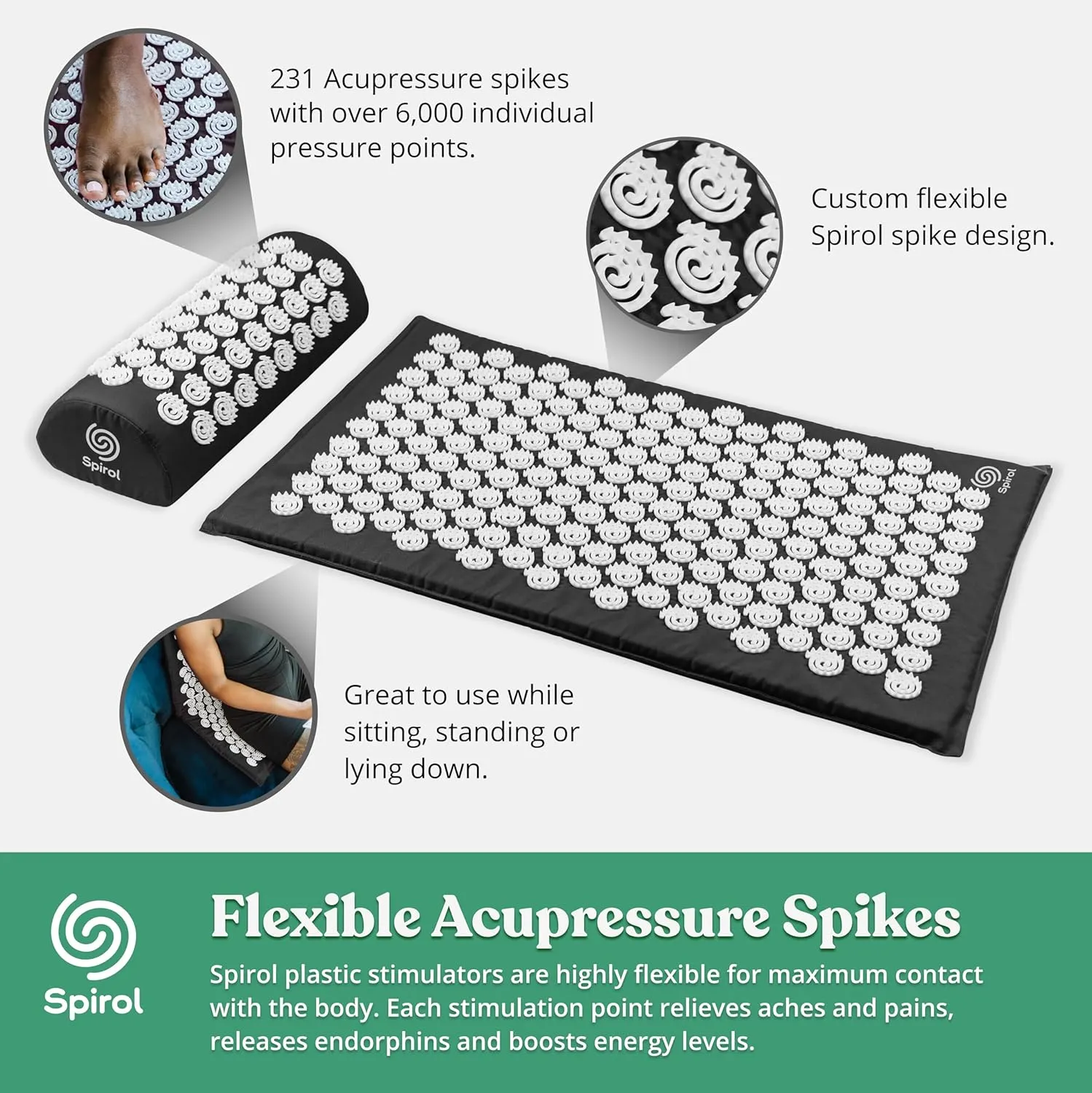 FSA HSA Eligible Spirol Acupressure Mat and Pillow Set for Back, Neck and Shoulder Pain Relief, with Flexible Acupressure Spikes, Includes Carry Bag (Onyx)