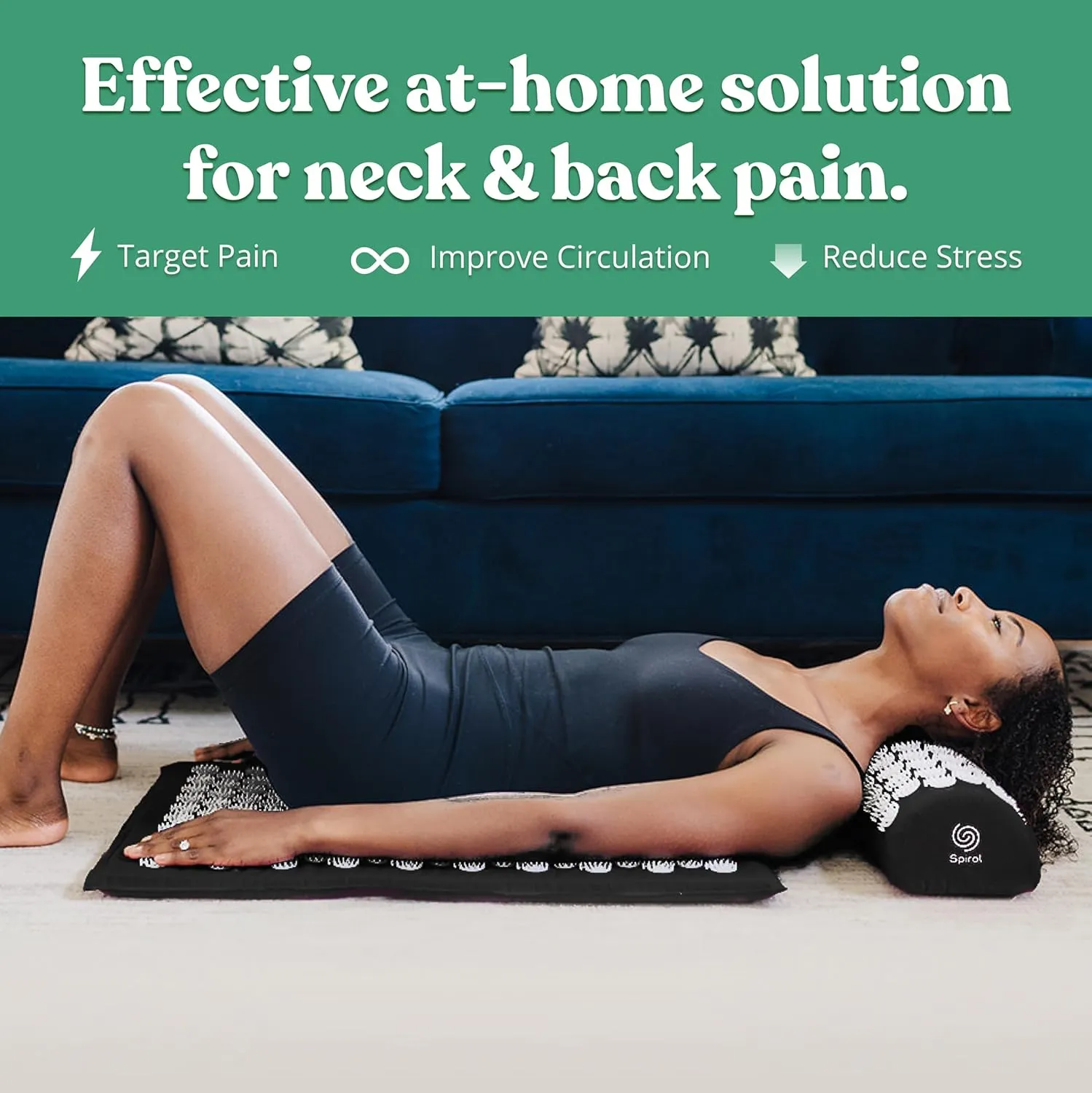 FSA HSA Eligible Spirol Acupressure Mat and Pillow Set for Back, Neck and Shoulder Pain Relief, with Flexible Acupressure Spikes, Includes Carry Bag (Onyx)