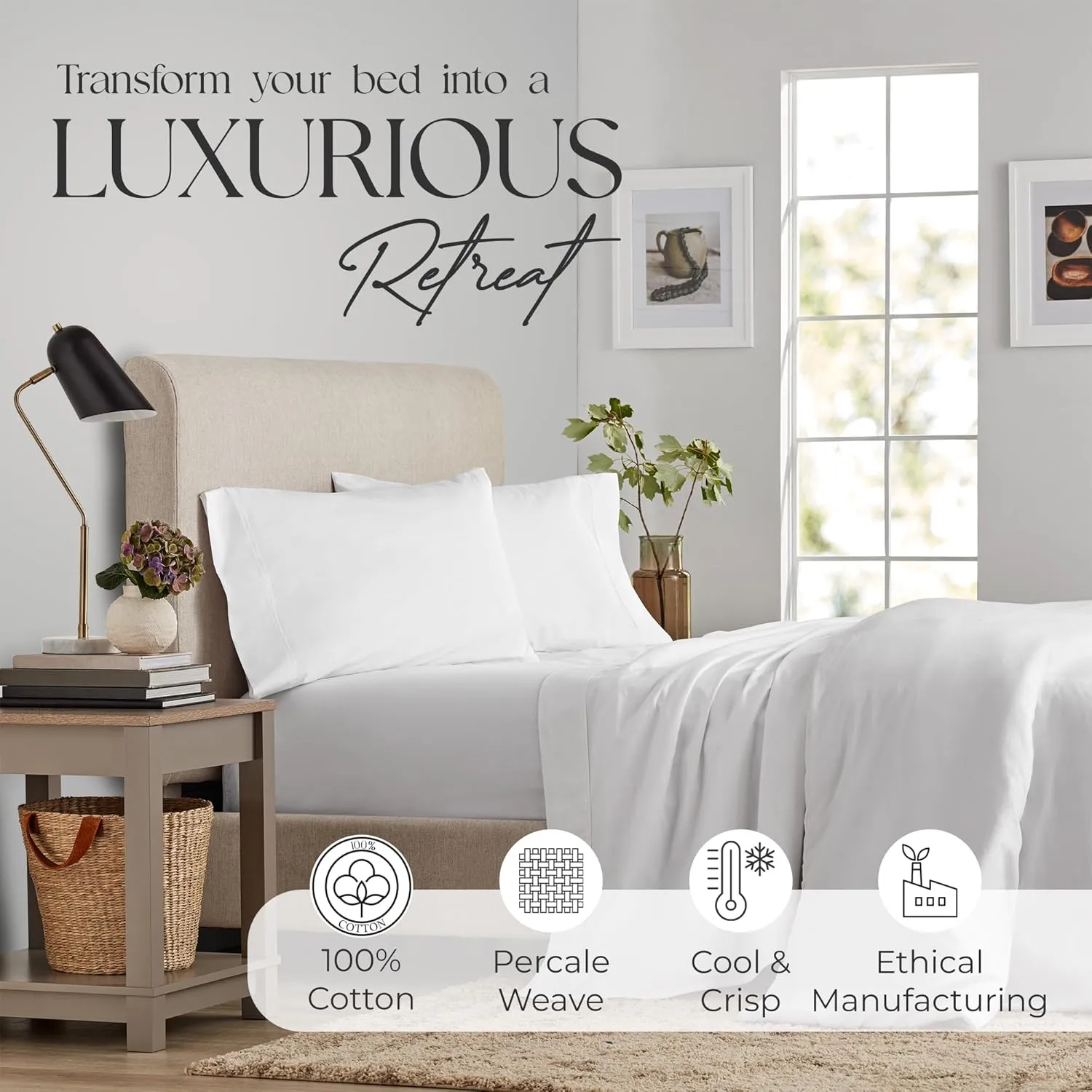 Full White Bed Sheet Set, 400 Thread Count 100% Cotton Bed Sheets with Deep Pockets, Percale Sheets Set, Cool & Crisp, Hotel Luxury Sheets for Full Size Bed