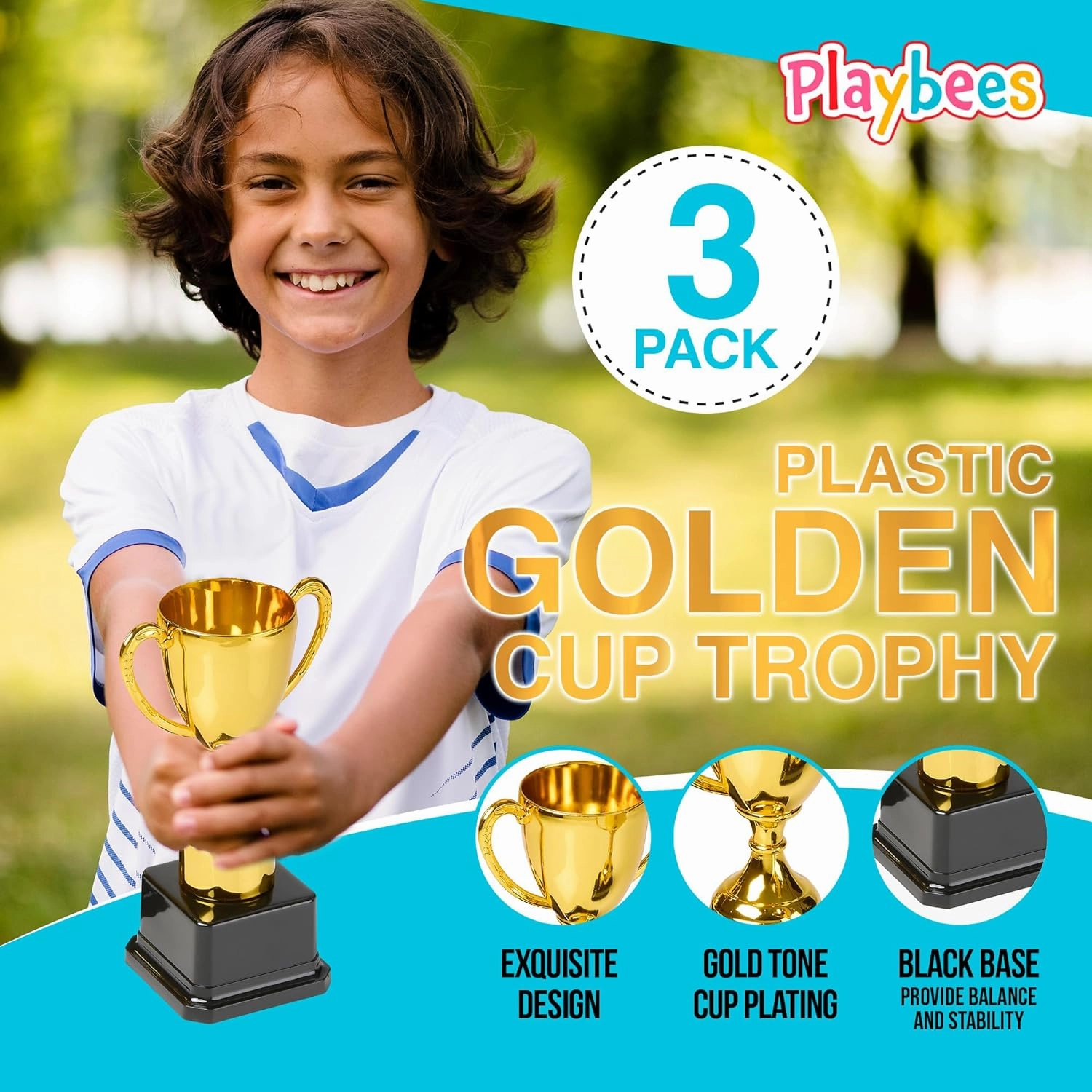 Fun Gold Plastic Trophies - 3 Pack - 7 Inch - Award Trophy Cup Set for Superstar Kids - Champion Celebrations, Sports Galore, and Victory Vibes - Desktop Toy