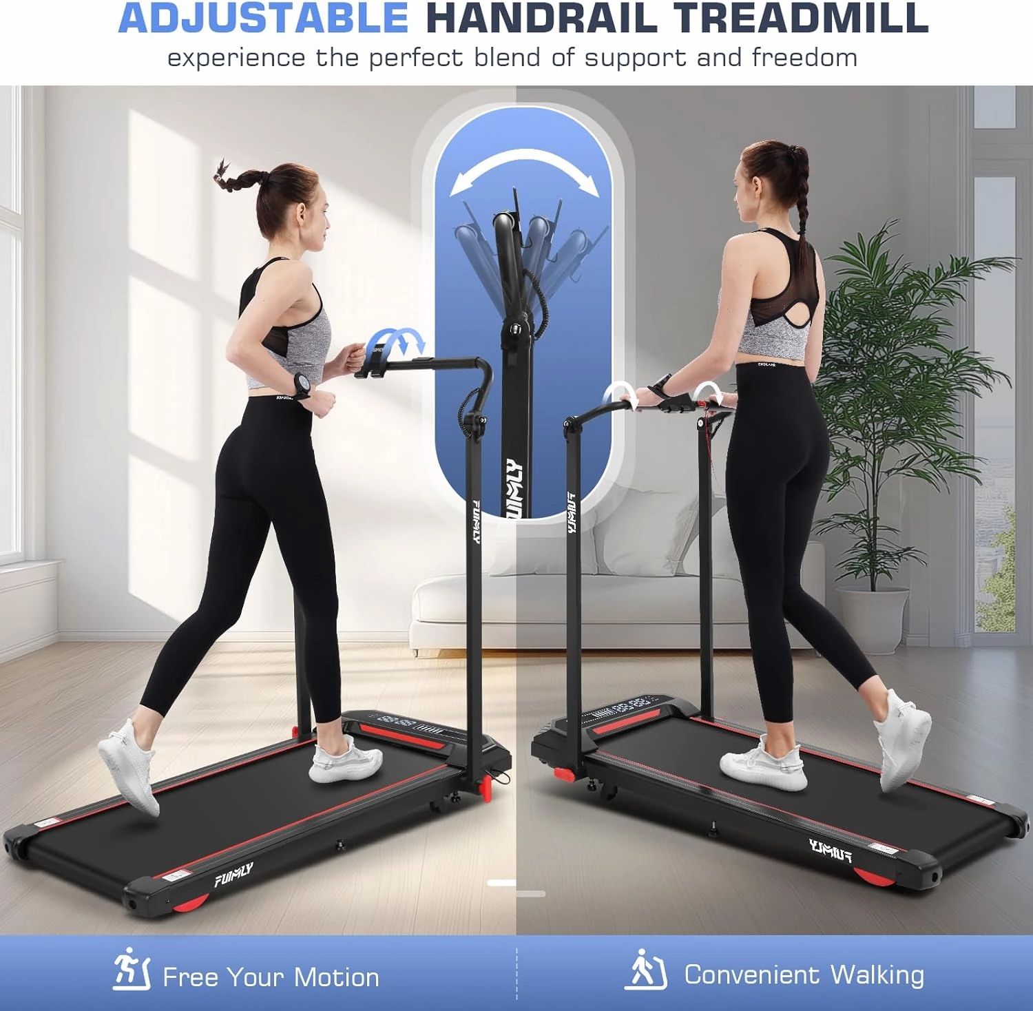 FUNMILY Folding Treadmill with Handles, Foldable Walking Pad Treadmill with Incline and Adjustable Handrails, 3 in 1 Under Desk Treadmills for Home 300 lb Capacity, Running Machine with Handle Bar