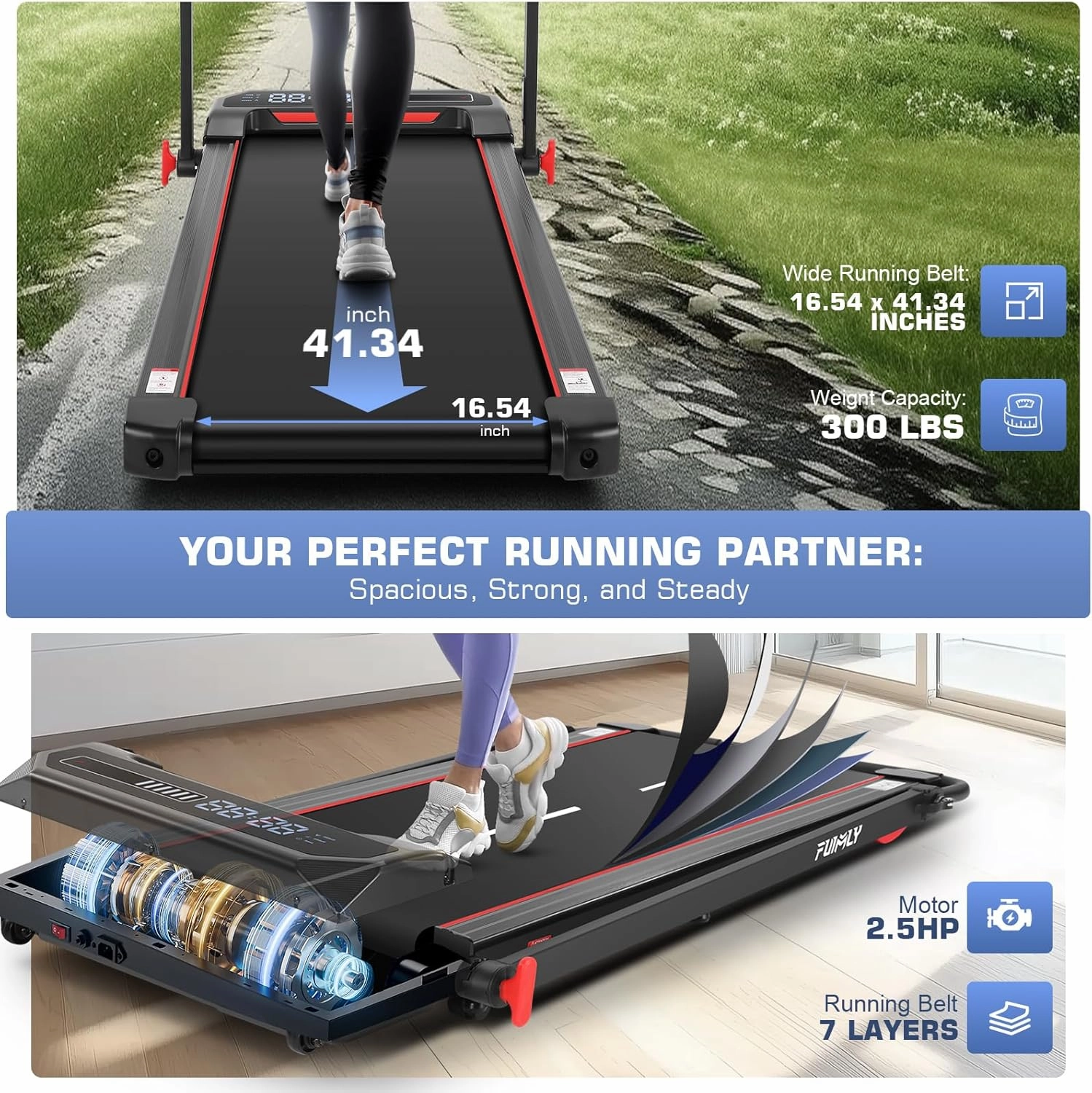 FUNMILY Folding Treadmill with Handles, Foldable Walking Pad Treadmill with Incline and Adjustable Handrails, 3 in 1 Under Desk Treadmills for Home 300 lb Capacity, Running Machine with Handle Bar