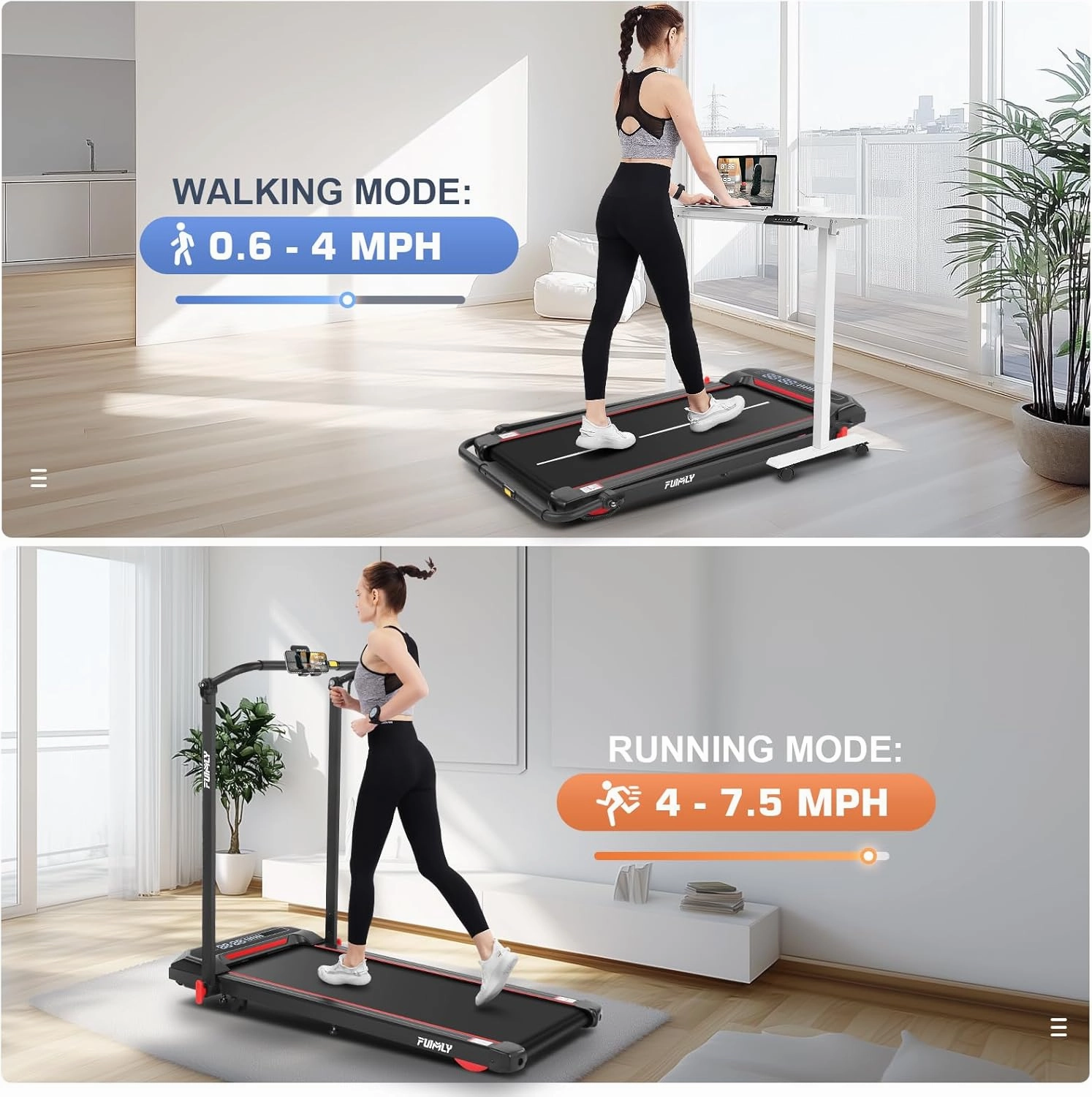 FUNMILY Folding Treadmill with Handles, Foldable Walking Pad Treadmill with Incline and Adjustable Handrails, 3 in 1 Under Desk Treadmills for Home 300 lb Capacity, Running Machine with Handle Bar