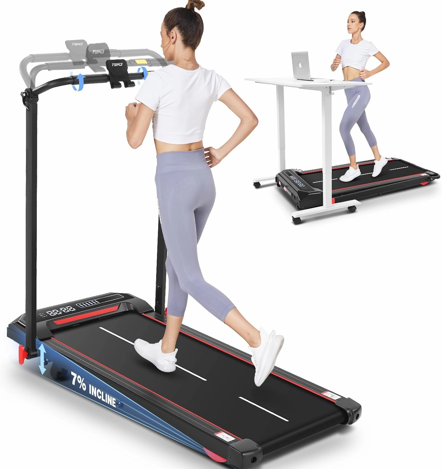 FUNMILY Folding Treadmill with Handles, Foldable Walking Pad Treadmill with Incline and Adjustable Handrails, 3 in 1 Under Desk Treadmills for Home 300 lb Capacity, Running Machine with Handle Bar