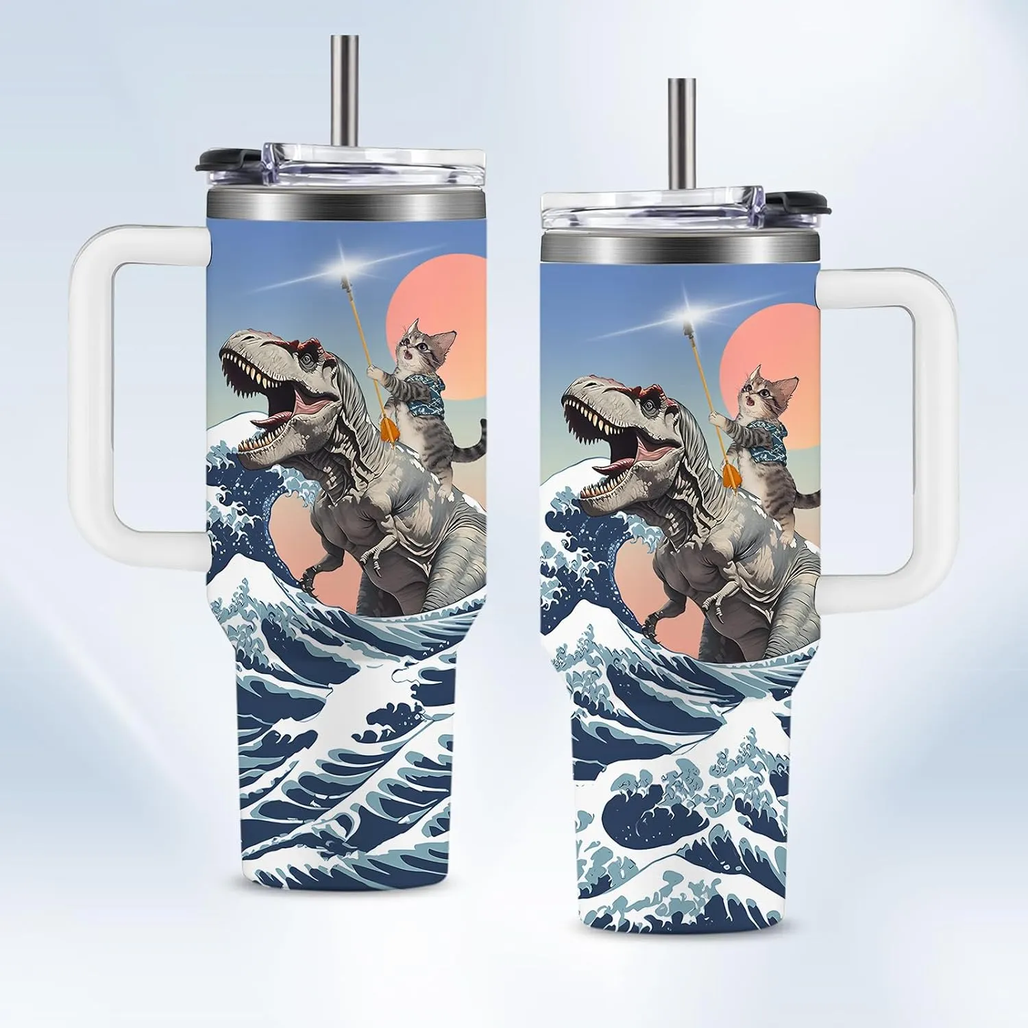 Funny Cat Coffee Mugs Fighting Cat Riding Dinosaur Dino Cups for Boys 40oz Cats T-Rex Travel Coffee Tumbler with Handle and Lids, Animal Cats Lovers Gifts for Women Men