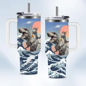 Funny Cat Coffee Mugs Fighting Cat Riding Dinosaur Dino Cups for Boys 40oz Cats T-Rex Travel Coffee Tumbler with Handle and Lids, Animal Cats Lovers Gifts for Women Men