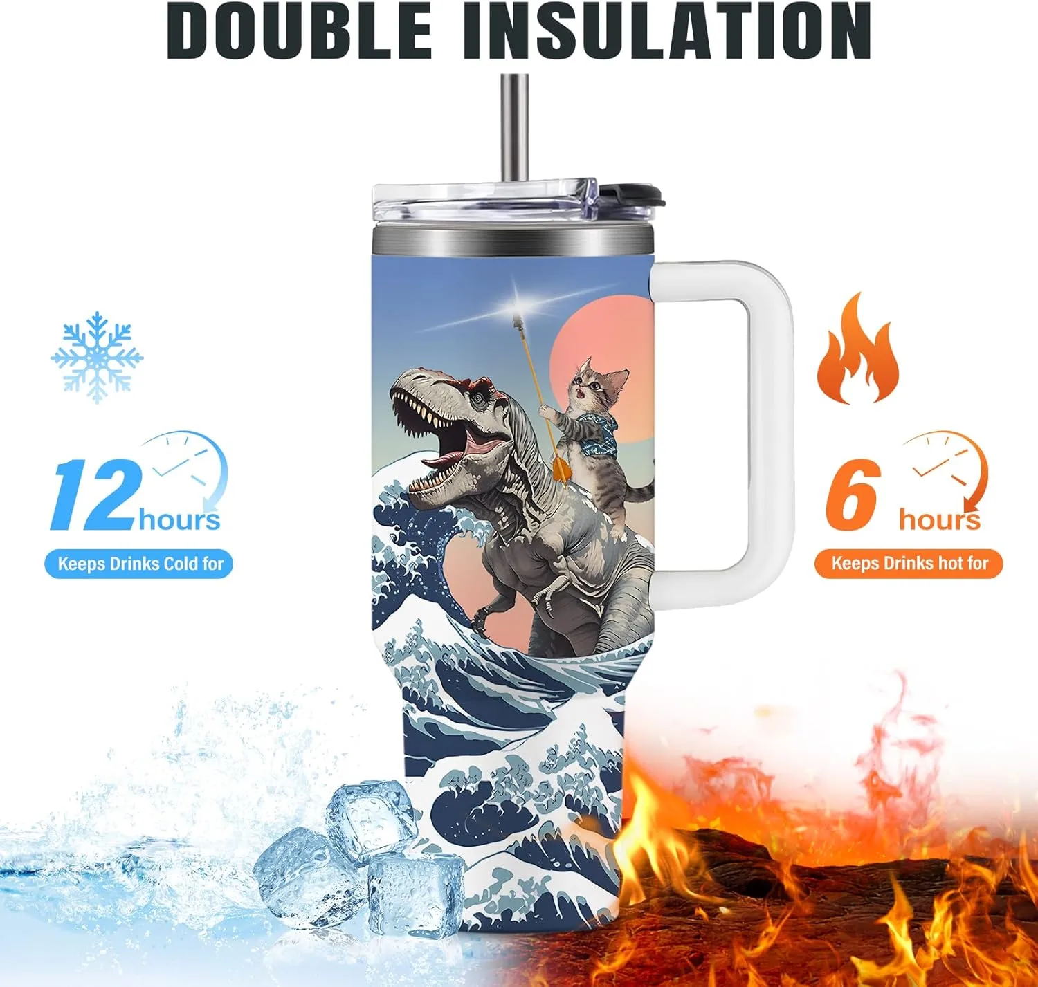 Funny Cat Coffee Mugs Fighting Cat Riding Dinosaur Dino Cups for Boys 40oz Cats T-Rex Travel Coffee Tumbler with Handle and Lids, Animal Cats Lovers Gifts for Women Men