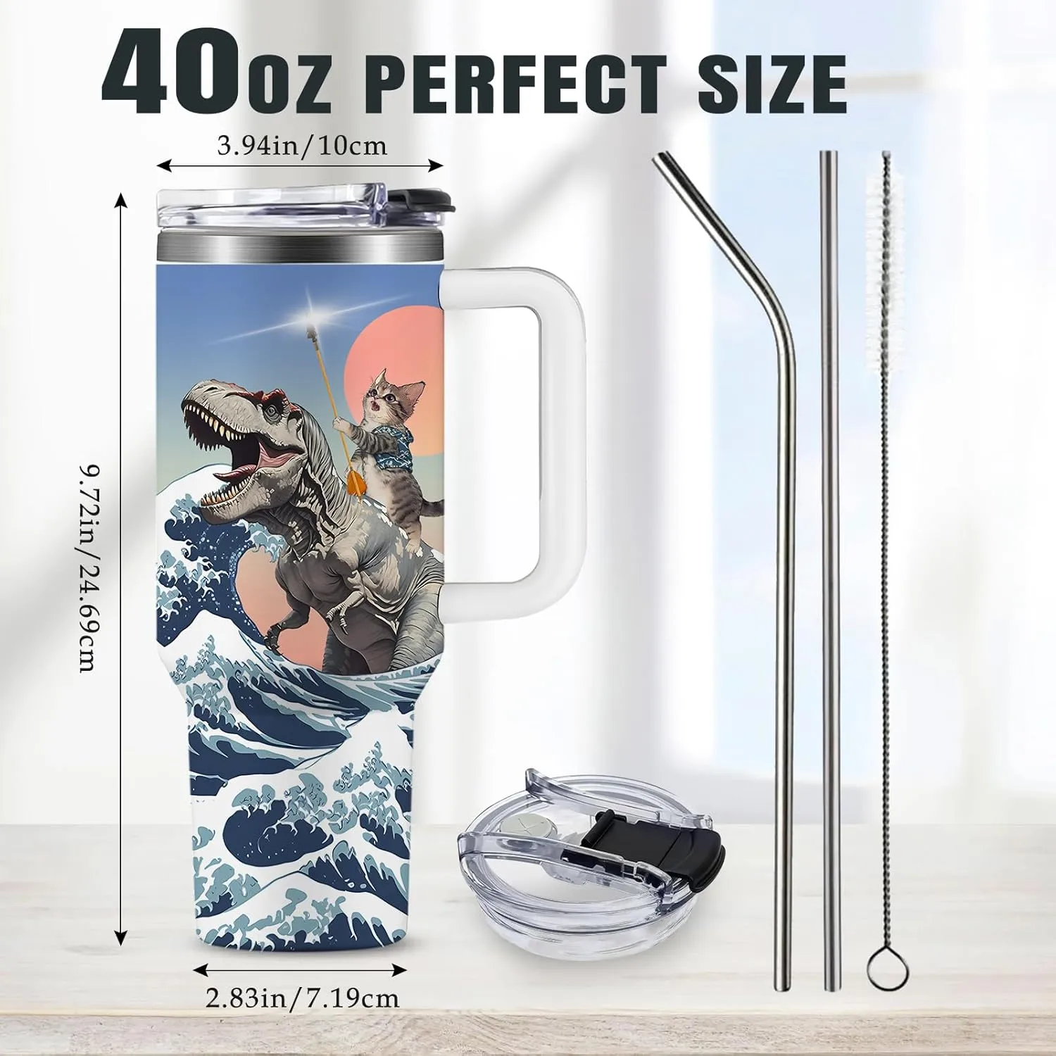 Funny Cat Coffee Mugs Fighting Cat Riding Dinosaur Dino Cups for Boys 40oz Cats T-Rex Travel Coffee Tumbler with Handle and Lids, Animal Cats Lovers Gifts for Women Men