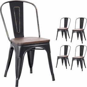 Furniwell Metal Dining Chairs with Wood Seat, Indoor Outdoor Use Stackable Tolix Industrial Metal Chairs Set of 4 for Kitchen, Dining Room, Bistro and Cafe (Black Gold)