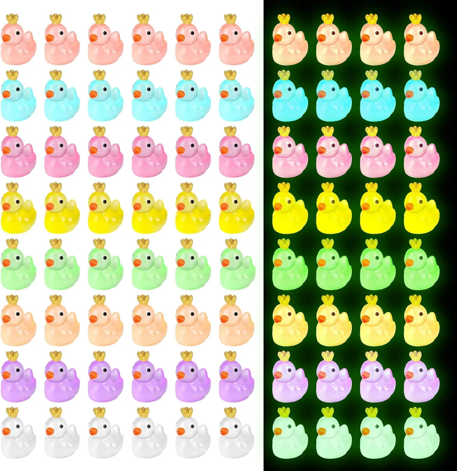Fuyamp 120 Pieces Luminous Mini Resin Ducks with Crown Miniature Figures Micro Fairy Garden Landscape Aquarium Tiny Ducks Dollhouse Ornament Colorful Duck DIY Charms for Christmas Birthday Party