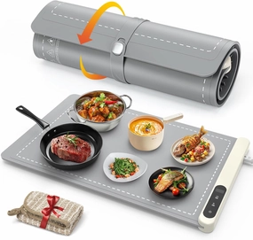 FYY Food Warming Mat - Electric Warmer with 6 Temperature Settings and 6 Hours Timer, Full Surface Graphene Heating Food Warmer, Premium Rollable Heating Tray for Gatherings, Parties, Light Grey