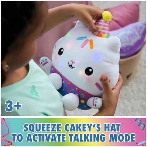 Gabby's Dollhouse Celebrations, Sprinkle Party Cakey Cat Plush, 10-Inch Interactive Stuffed Animal with Sounds, Kids Toys for Girls & Boys Ages 3 