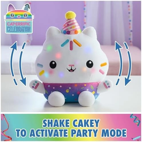 Gabby's Dollhouse Celebrations, Sprinkle Party Cakey Cat Plush, 10-Inch Interactive Stuffed Animal with Sounds, Kids Toys for Girls & Boys Ages 3 