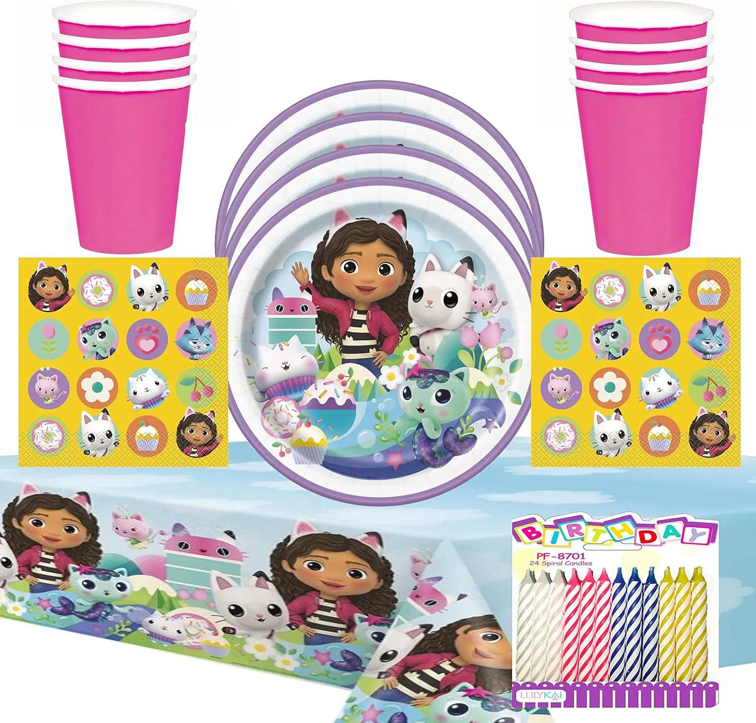 Gabby’s Dollhouse Party Supplies Pack for 16 Guests – Officially Licensed Plates, Luncheon Napkins, 9oz Cups, Table Cover & 24-Pack Birthday Candles – Complete Gabby Birthday Decorations Set