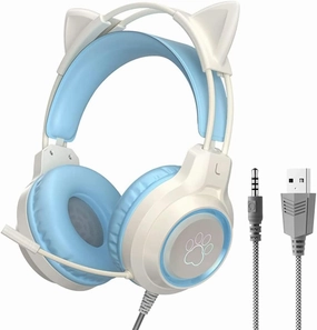 Gaming Headset with Removable Cat Ears, 3.5mm Wired Headphones with Adjustable Microphone, Extendable Padded headband, Noise Cancelling and RGB Light Headphones for Xbox/PS4/Switch/Mac/Phone (Blue)