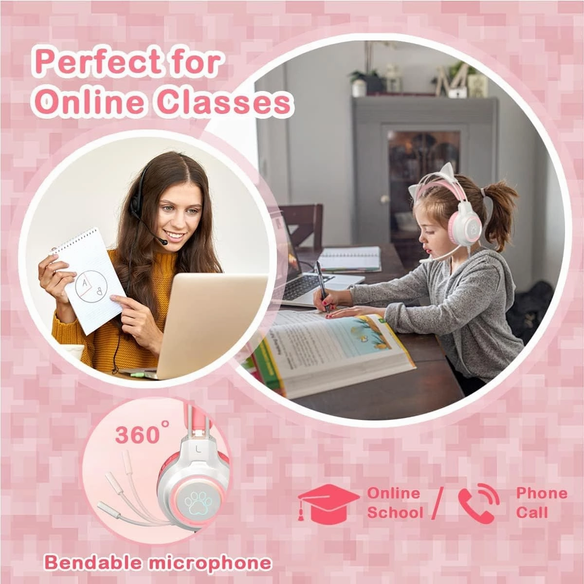 Gaming Headset with Removable Cat Ears, 3.5mm Wired Headphones with Adjustable Microphone, Extendable Padded headband, Noise Cancelling and RGB Light Headphones for Xbox/PS4/Switch/Mac/Phone (Pink)
