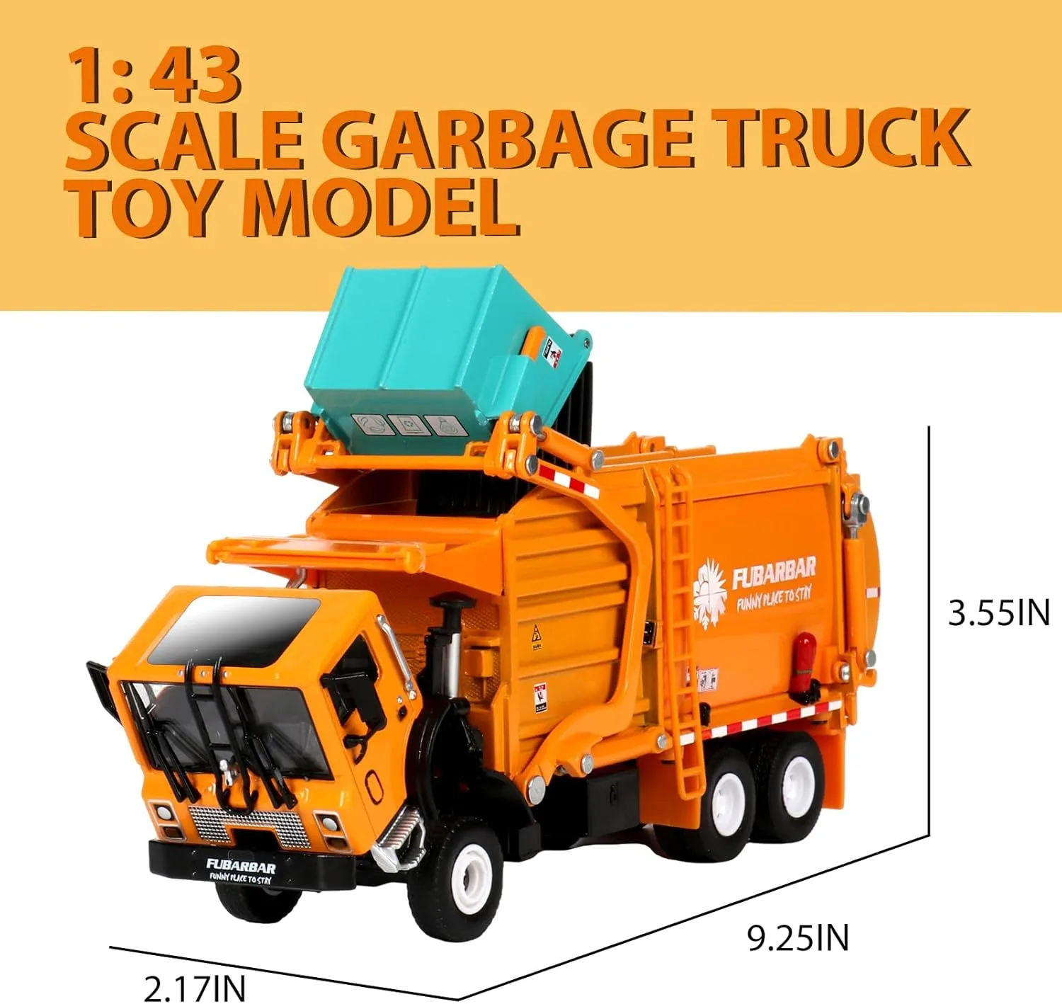 Garbage Truck Toys, Fubarbar 1:43 Bruder Tonka Trash Trucks Model for Boys Metal Diecase Waste Management Front Loader Die Cast Recycling Dumpster Truck Toy for 3 4 5 6 Years Old(Orange)