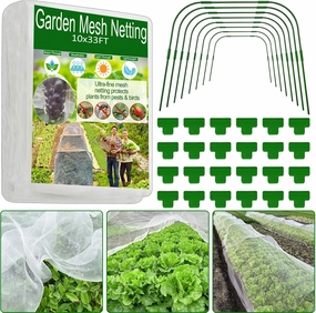 Garden Netting Kit Plant Covers 10x33 FT Ultra Fine Mesh Netting Pest Barrier with 8 Sets Garden Hoops ＆ 24 Clips, Bug Netting Raised Beds Row Cover Protect Vegetable Plants Fruits Flowers