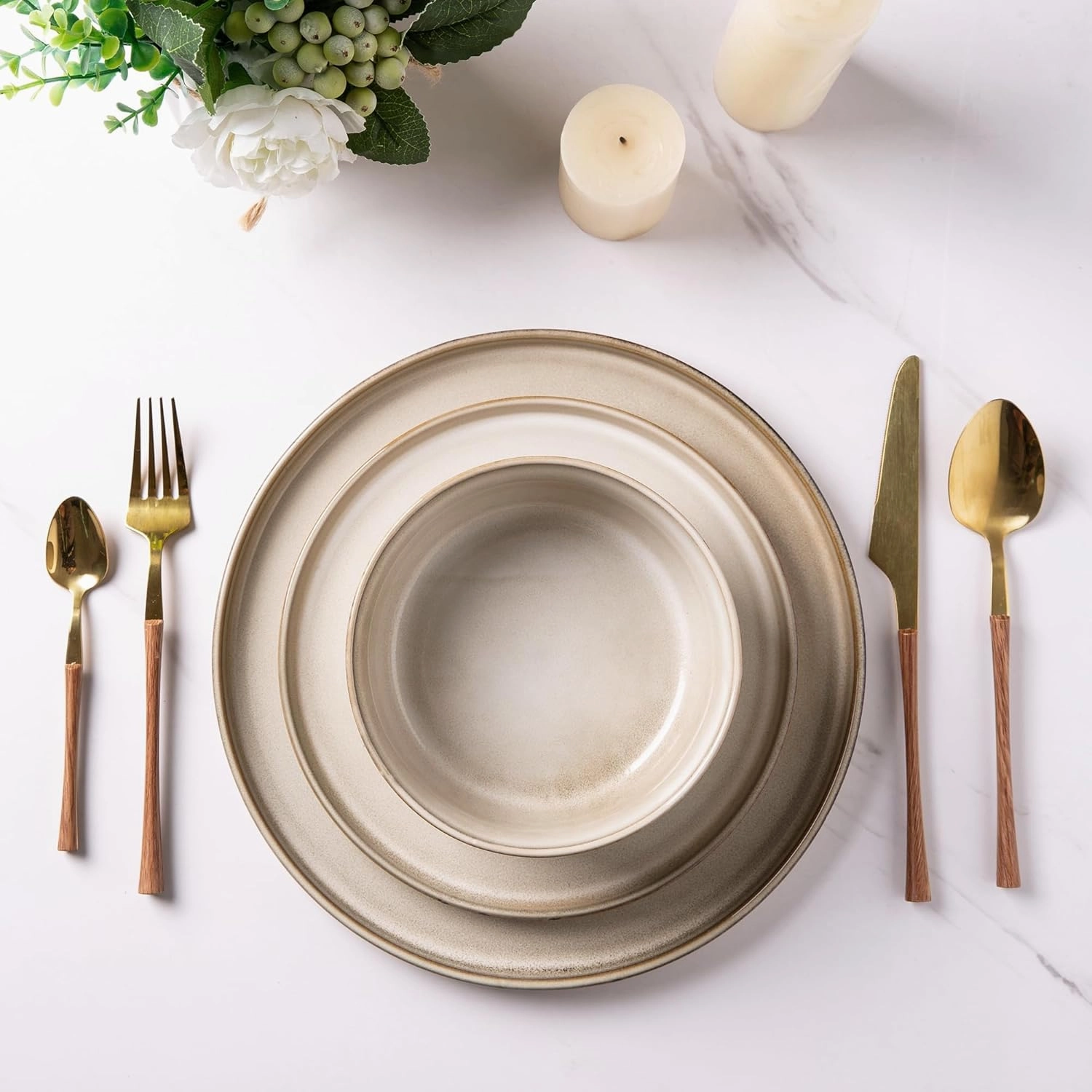 GBHOME Ceramic Dinnerware Sets for 4, 12 Pieces Stoneware Plates and Bowls Sets, Scratch Resistant Dishes, Dishwasher & Microwave Safe, Reactive Glaze-Cappuccino