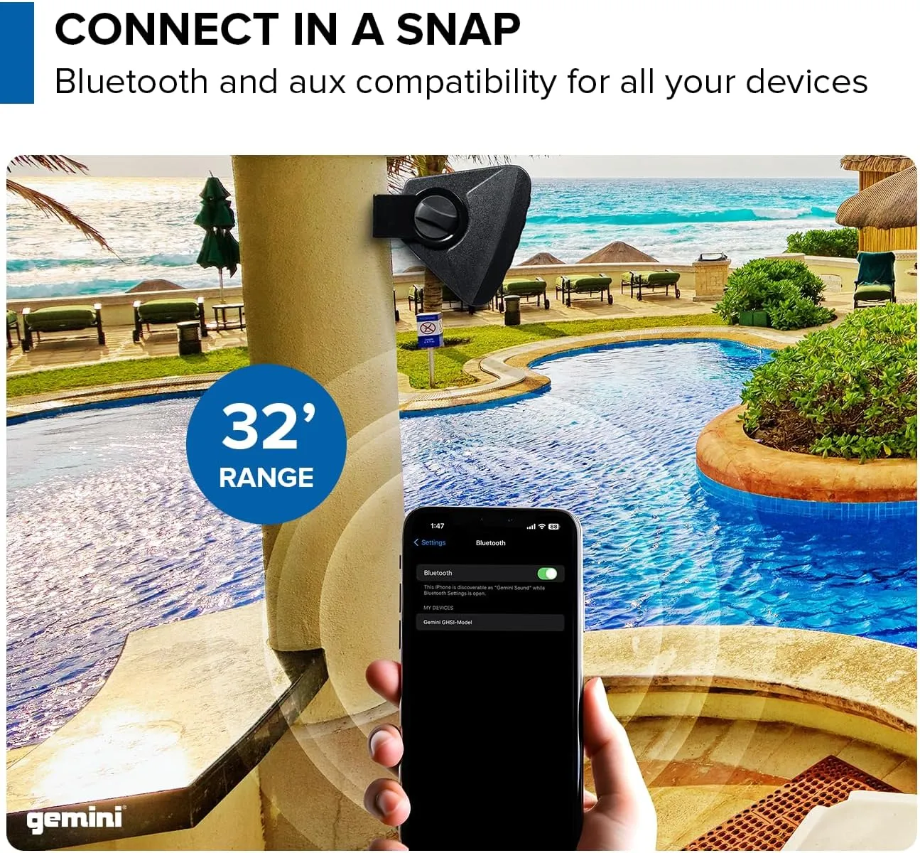 Gemini Sound GHSI-W650BT 6.5" Outdoor Bluetooth Speakers – Powered IP44 Waterproof Wall Mount Pair for Patios, Rust-Proof Aluminum Grills, Expandable to 16 Speakers, Immersive Hi-Fi Sound (Black)