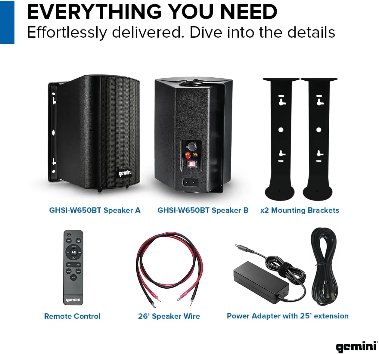 Gemini Sound GHSI-W650BT 6.5" Outdoor Bluetooth Speakers – Powered IP44 Waterproof Wall Mount Pair for Patios, Rust-Proof Aluminum Grills, Expandable to 16 Speakers, Immersive Hi-Fi Sound (Black)