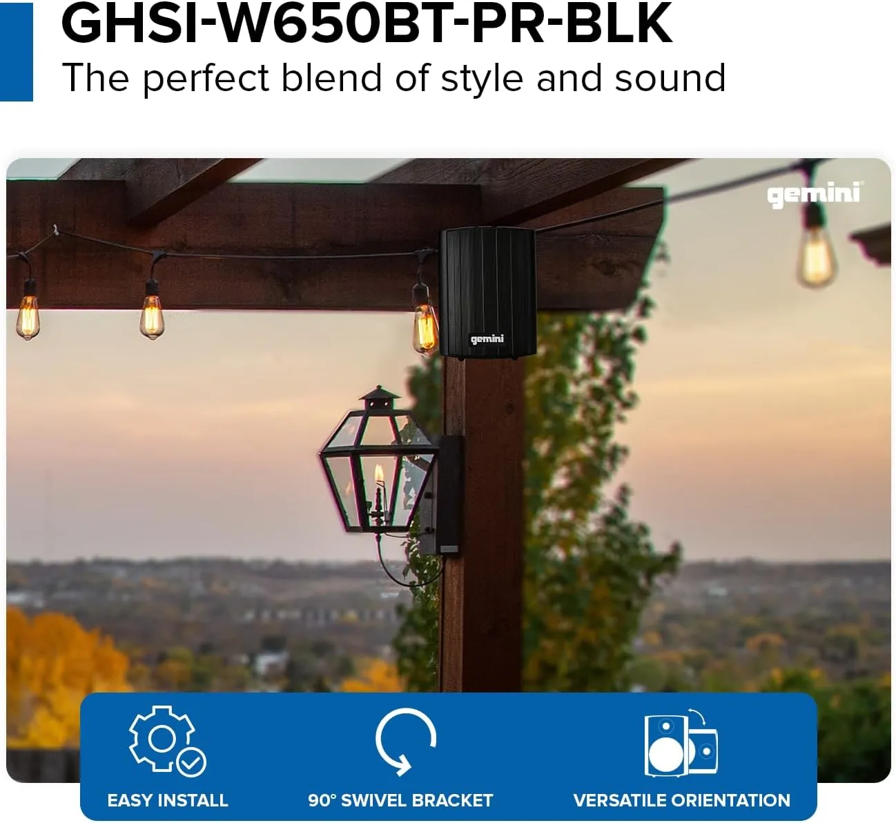 Gemini Sound GHSI-W650BT 6.5" Outdoor Bluetooth Speakers – Powered IP44 Waterproof Wall Mount Pair for Patios, Rust-Proof Aluminum Grills, Expandable to 16 Speakers, Immersive Hi-Fi Sound (Black)