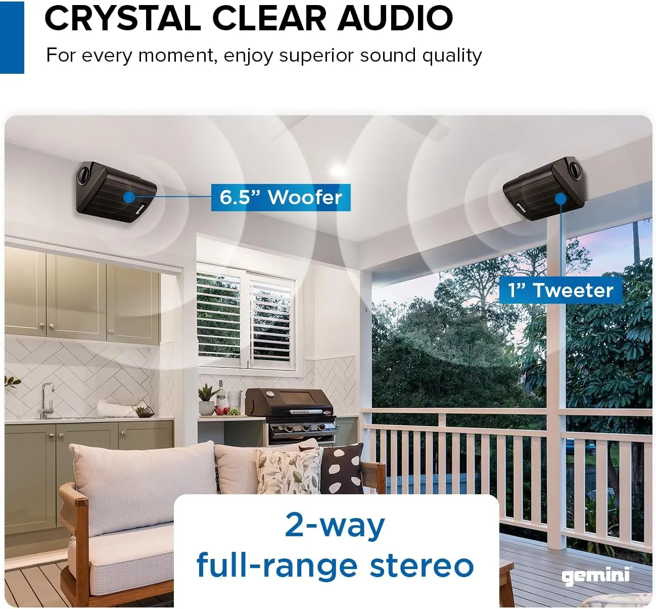 Gemini Sound GHSI-W650BT 6.5" Outdoor Bluetooth Speakers – Powered IP44 Waterproof Wall Mount Pair for Patios, Rust-Proof Aluminum Grills, Expandable to 16 Speakers, Immersive Hi-Fi Sound (Black)