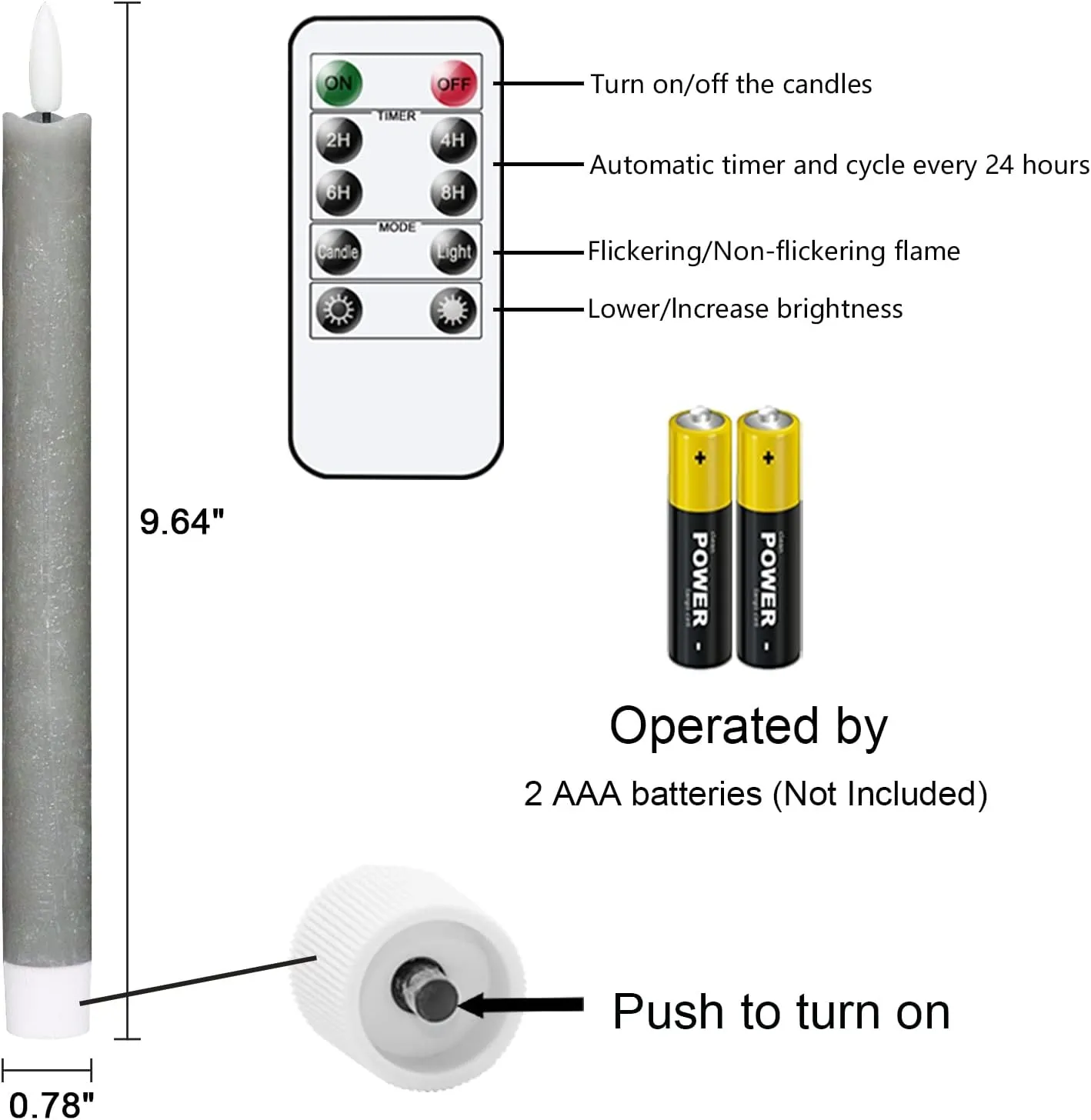 GenSwin Flameless Grey Taper Candles Flickering with 10-Key Remote, Battery Operated Led Warm 3D Wick Light Window Candles Real Wax Pack of 6, Christmas Home Wedding Decor(0.78 X 9.64 Inch)