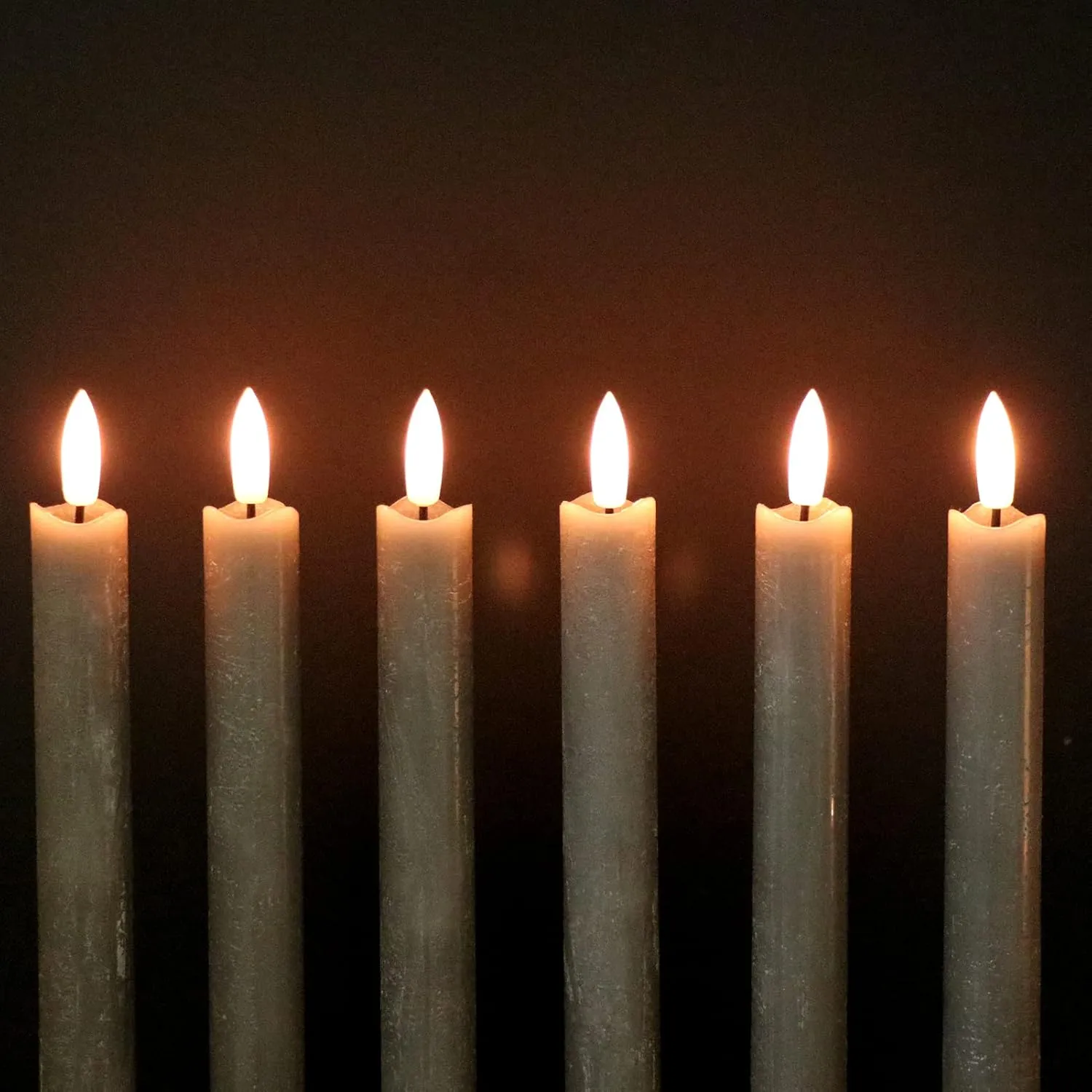 GenSwin Flameless Grey Taper Candles Flickering with 10-Key Remote, Battery Operated Led Warm 3D Wick Light Window Candles Real Wax Pack of 6, Christmas Home Wedding Decor(0.78 X 9.64 Inch)