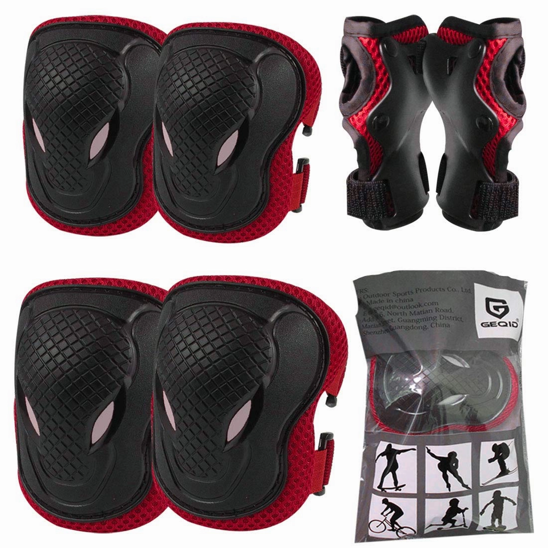 GEQID Kids Knee Pads and Elbow Pads Wrist Pad for Roller Skating Skate Protective Gear Rollerblade Bicycle Boys Youth 5-12 Years Old (red)