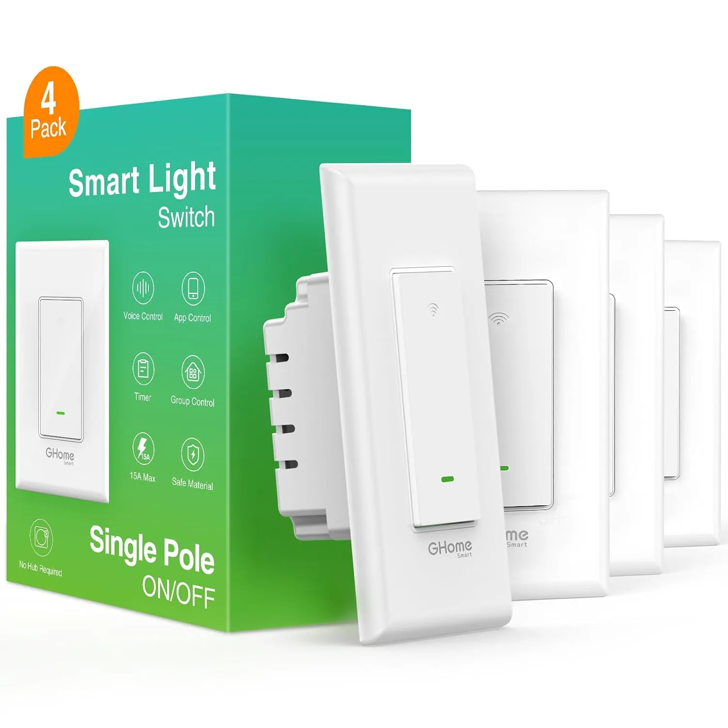 GHome Smart Switch,Smart Wi-Fi Light Switch Compatible with Alexa and Google Assistant 2.4Ghz, Single-Pole,Neutral Wire Required,UL Certified,Remote/Voice Control, No Hub Required (4 Pack)