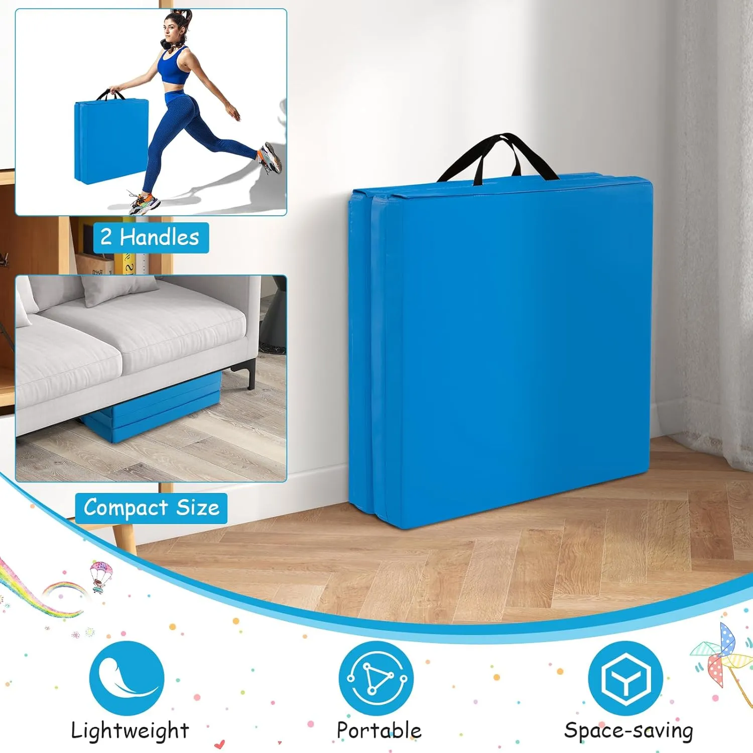 Giantex 6'x 2' Gymnastics Mat, 2" Thick Folding Tumbling Mat with Hook and Loop Fastener, Foldable Gym Mat with Carrying Handles, Cheer Mats for Kids Adults Home Exercise Aerobics Fitness