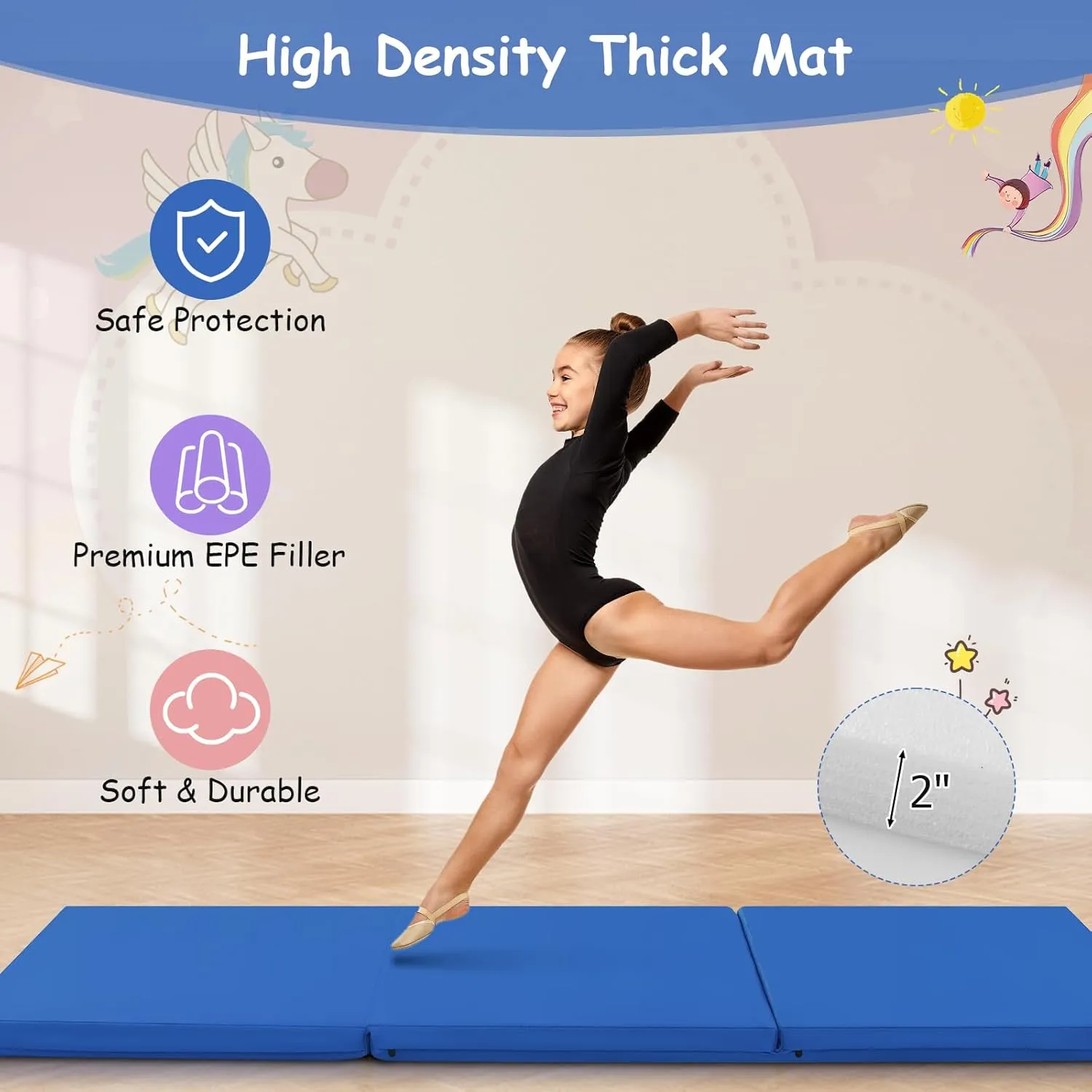 Giantex 6'x 2' Gymnastics Mat, 2" Thick Folding Tumbling Mat with Hook and Loop Fastener, Foldable Gym Mat with Carrying Handles, Cheer Mats for Kids Adults Home Exercise Aerobics Fitness