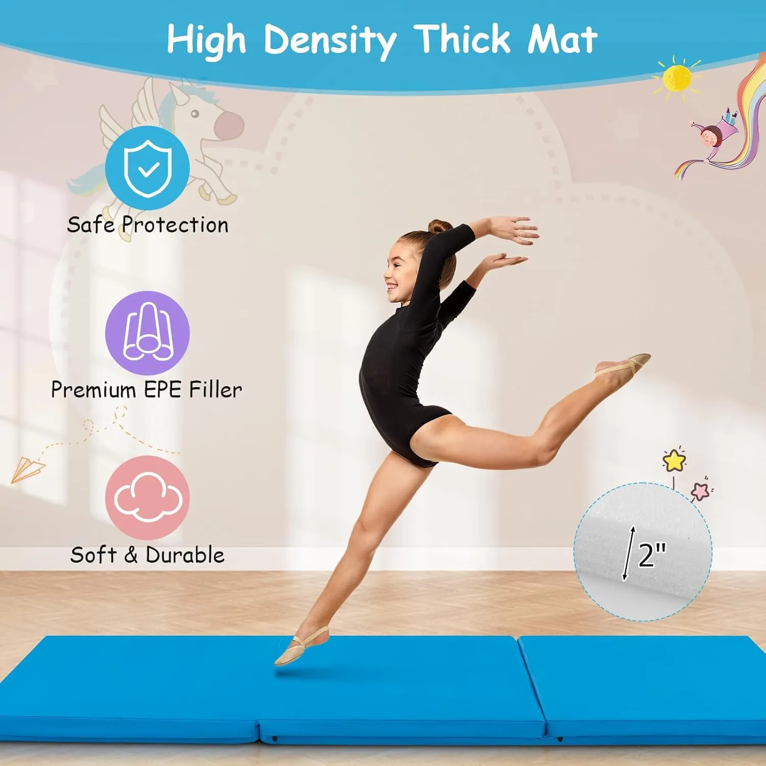 Giantex 6'x 2' Gymnastics Mat, 2" Thick Folding Tumbling Mat with Hook and Loop Fastener, Foldable Gym Mat with Carrying Handles, Cheer Mats for Kids Adults Home Exercise Aerobics Fitness