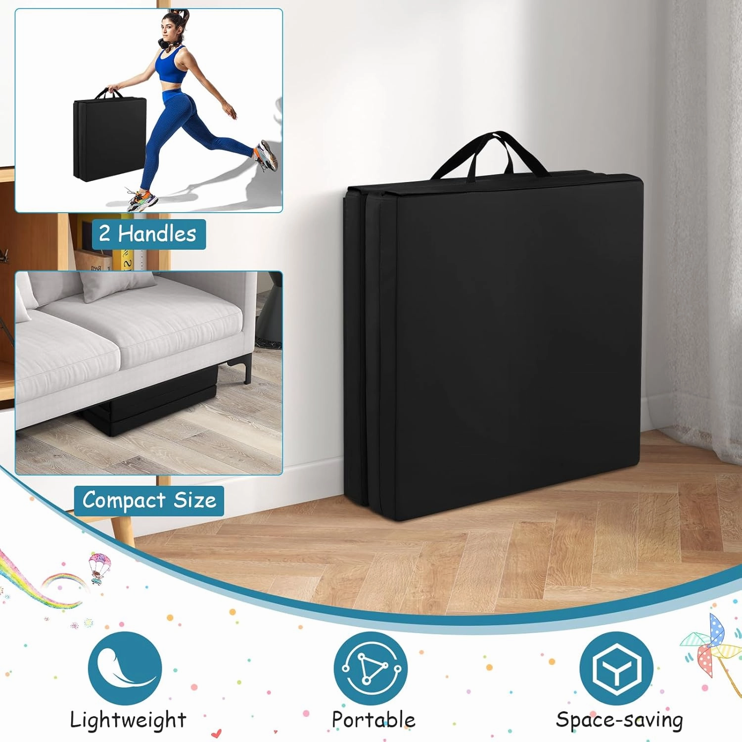 Giantex 6'x 2' Gymnastics Mat, 2" Thick Folding Tumbling Mat with Hook and Loop Fastener, Foldable Gym Mat with Carrying Handles, Cheer Mats for Kids Adults Home Exercise Aerobics Fitness