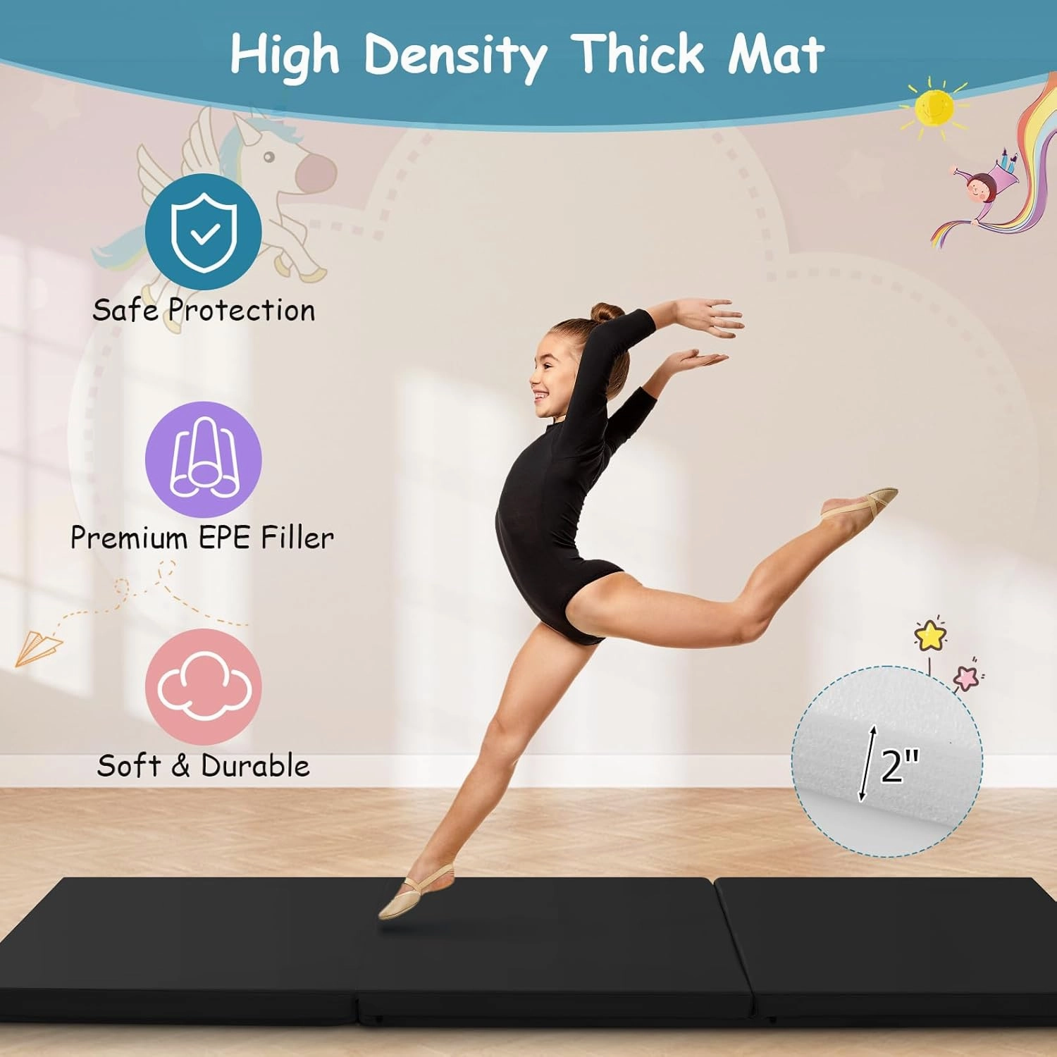 Giantex 6'x 2' Gymnastics Mat, 2" Thick Folding Tumbling Mat with Hook and Loop Fastener, Foldable Gym Mat with Carrying Handles, Cheer Mats for Kids Adults Home Exercise Aerobics Fitness