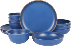 Gibson Home Rockabye 12 Piece Double Bowl Melamine Plastic Dinnerware Set - Matte Blue