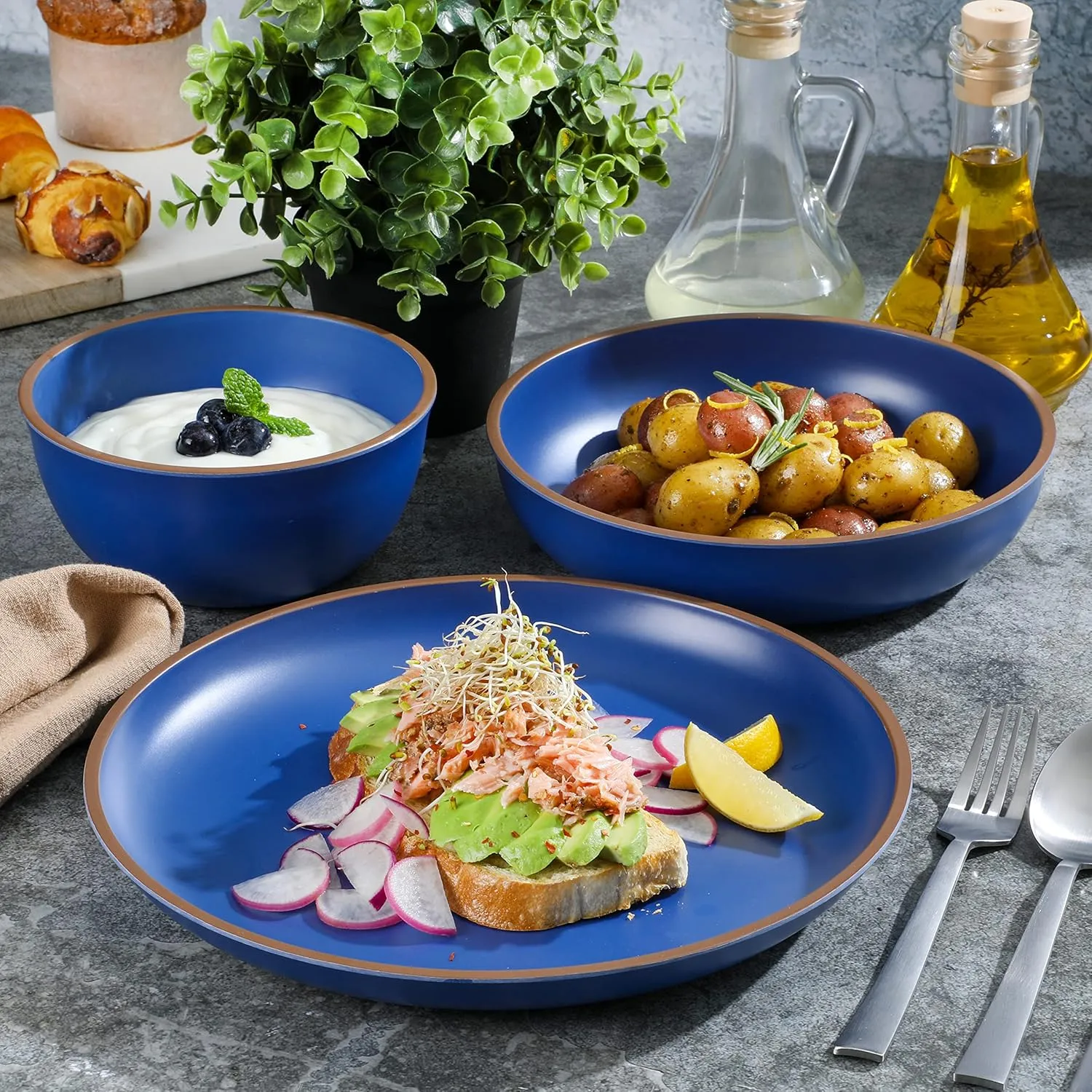 Gibson Home Rockabye 12 Piece Double Bowl Melamine Plastic Dinnerware Set - Matte Blue