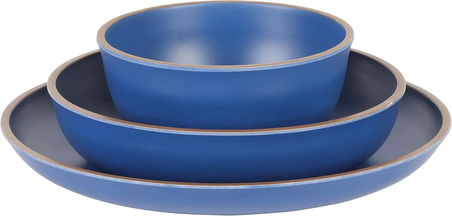 Gibson Home Rockabye 12 Piece Double Bowl Melamine Plastic Dinnerware Set - Matte Blue