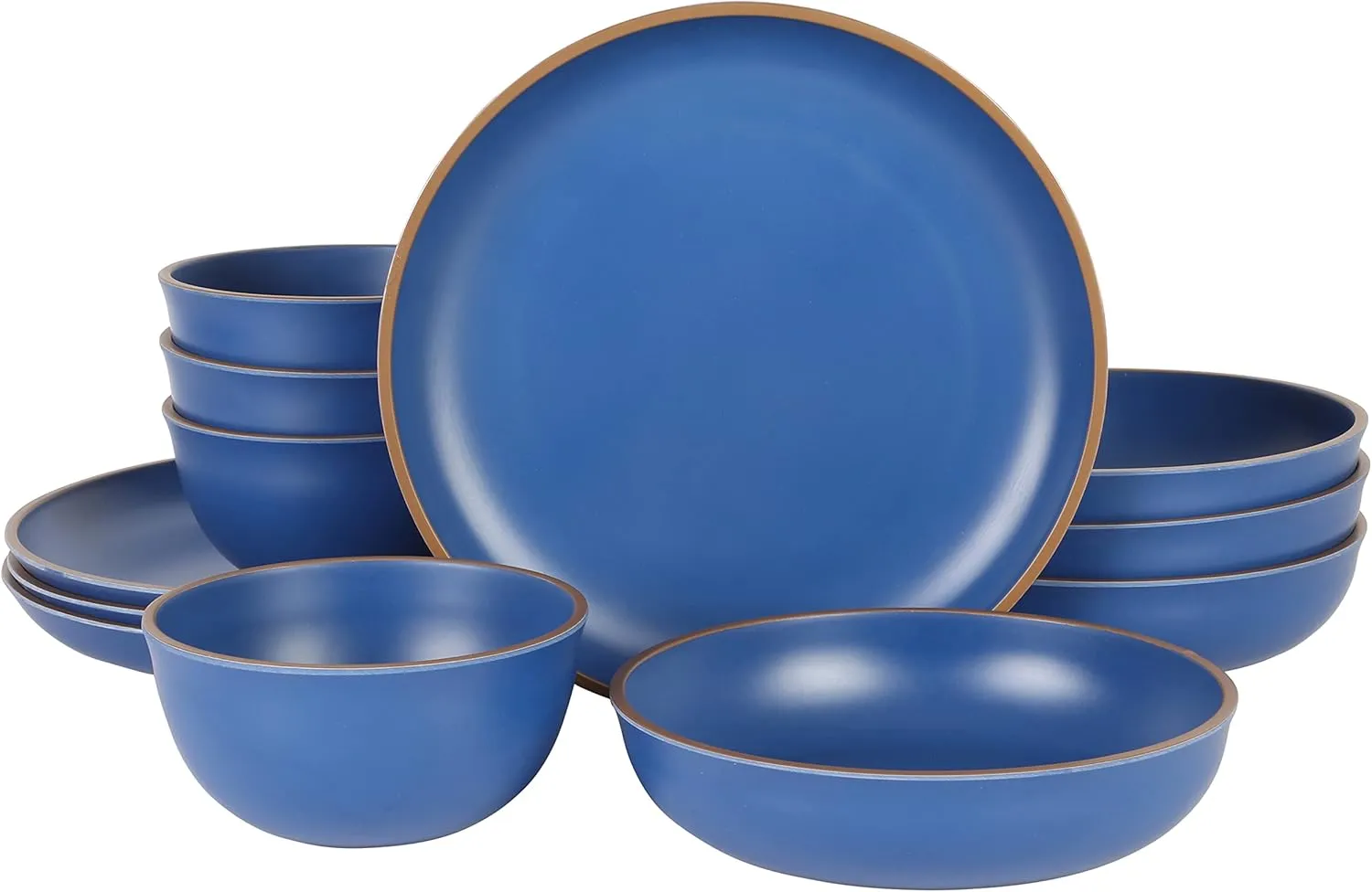 Gibson Home Rockabye 12 Piece Double Bowl Melamine Plastic Dinnerware Set - Matte Blue
