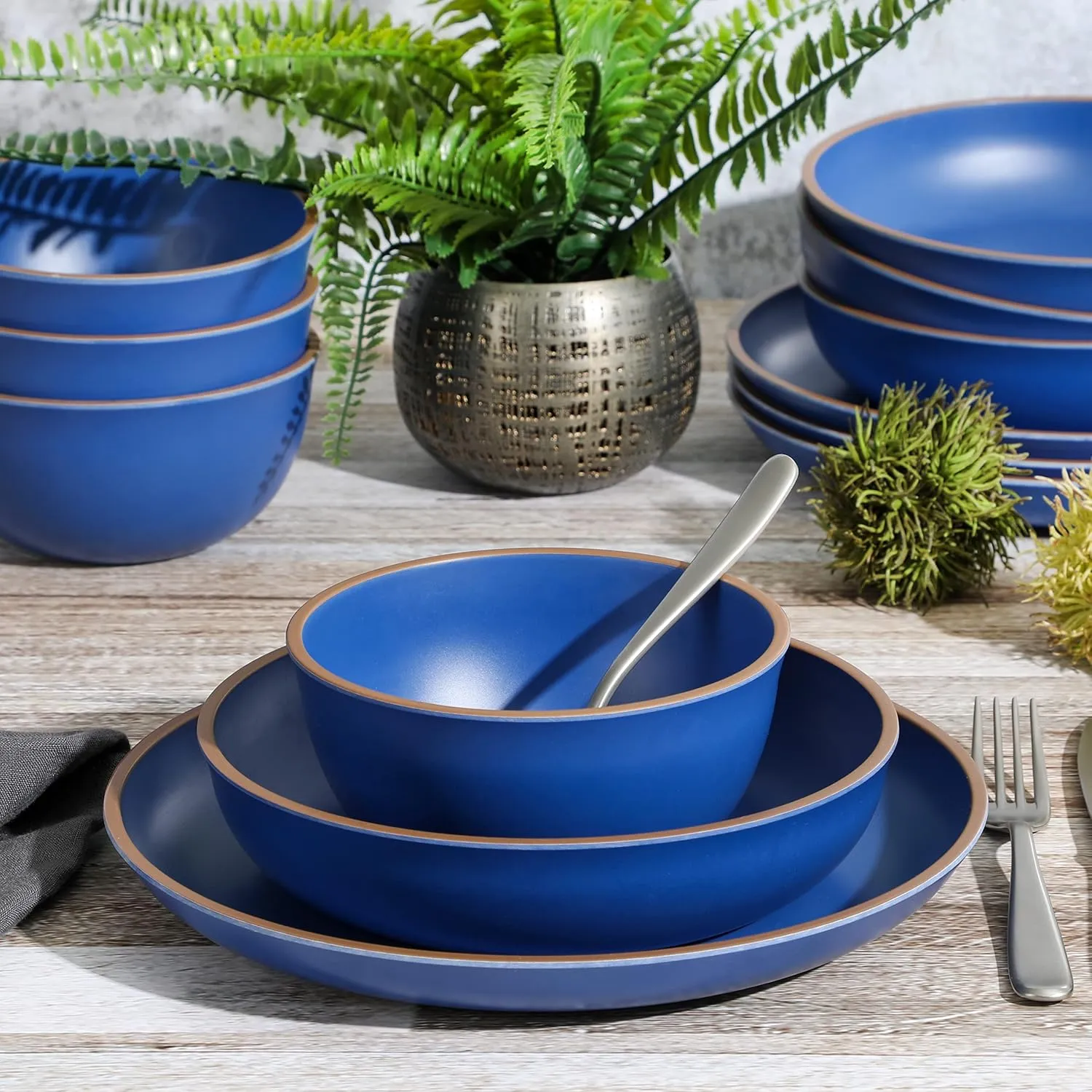 Gibson Home Rockabye 12 Piece Double Bowl Melamine Plastic Dinnerware Set - Matte Blue