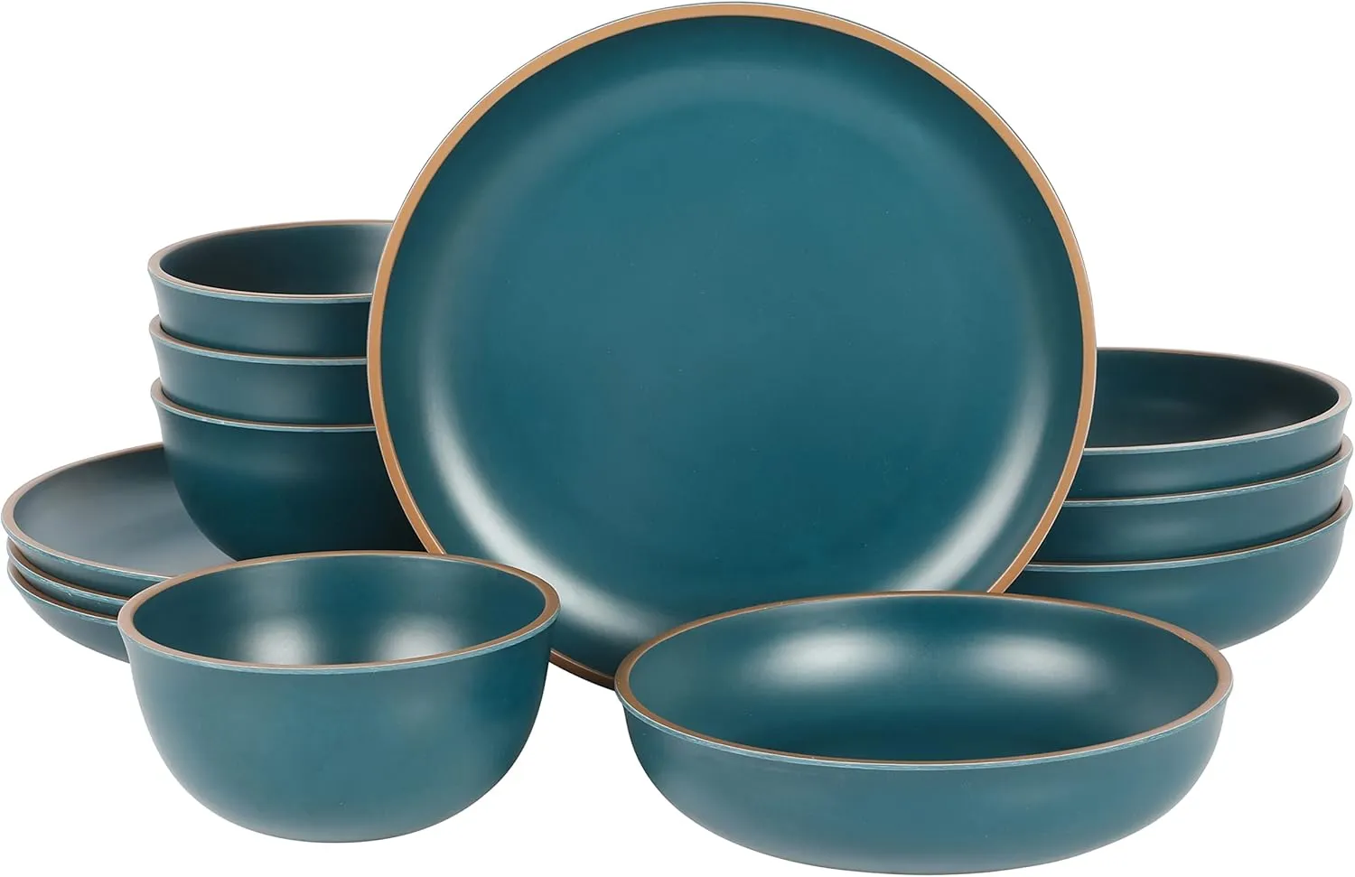 Gibson Home Rockabye 12 Piece Double Bowl Melamine Plastic Dinnerware Set - Matte Teal