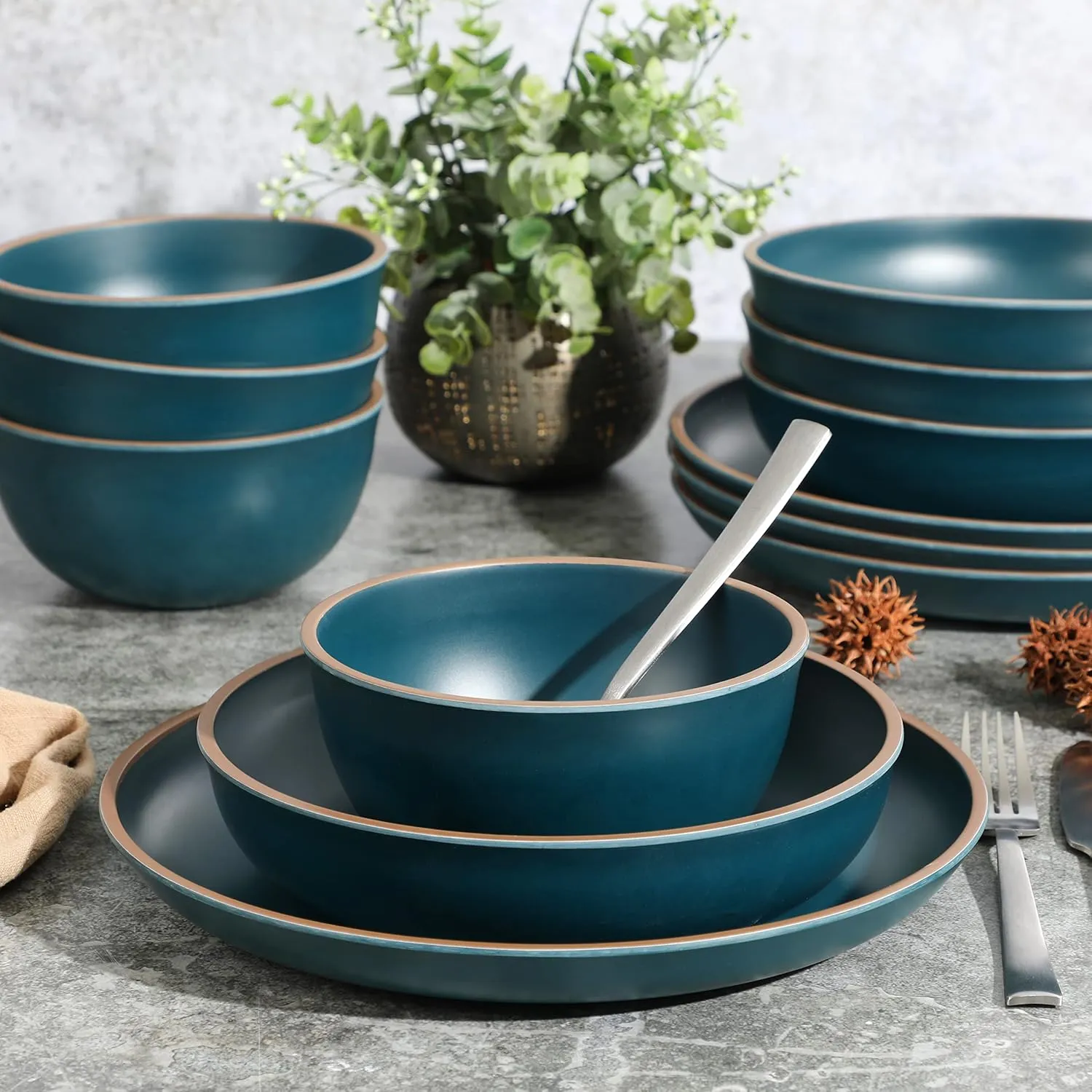 Gibson Home Rockabye 12 Piece Double Bowl Melamine Plastic Dinnerware Set - Matte Teal