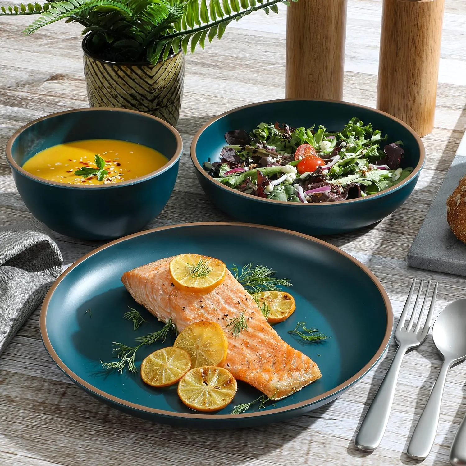 Gibson Home Rockabye 12 Piece Double Bowl Melamine Plastic Dinnerware Set - Matte Teal